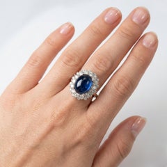14K White Gold Lady Diana Ring 4.76 Carat Natural Sapphire & Diamond Halo Ring