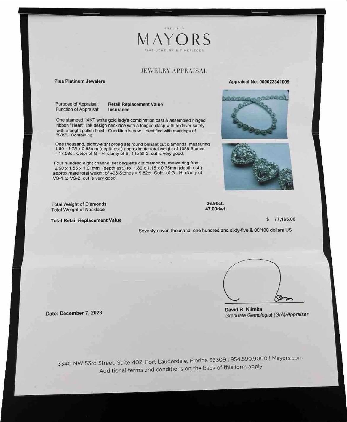 Collier à maillons en or blanc 14 carats avec diamants taille cœur baguette pour femme de 26,90 carats en vente 5