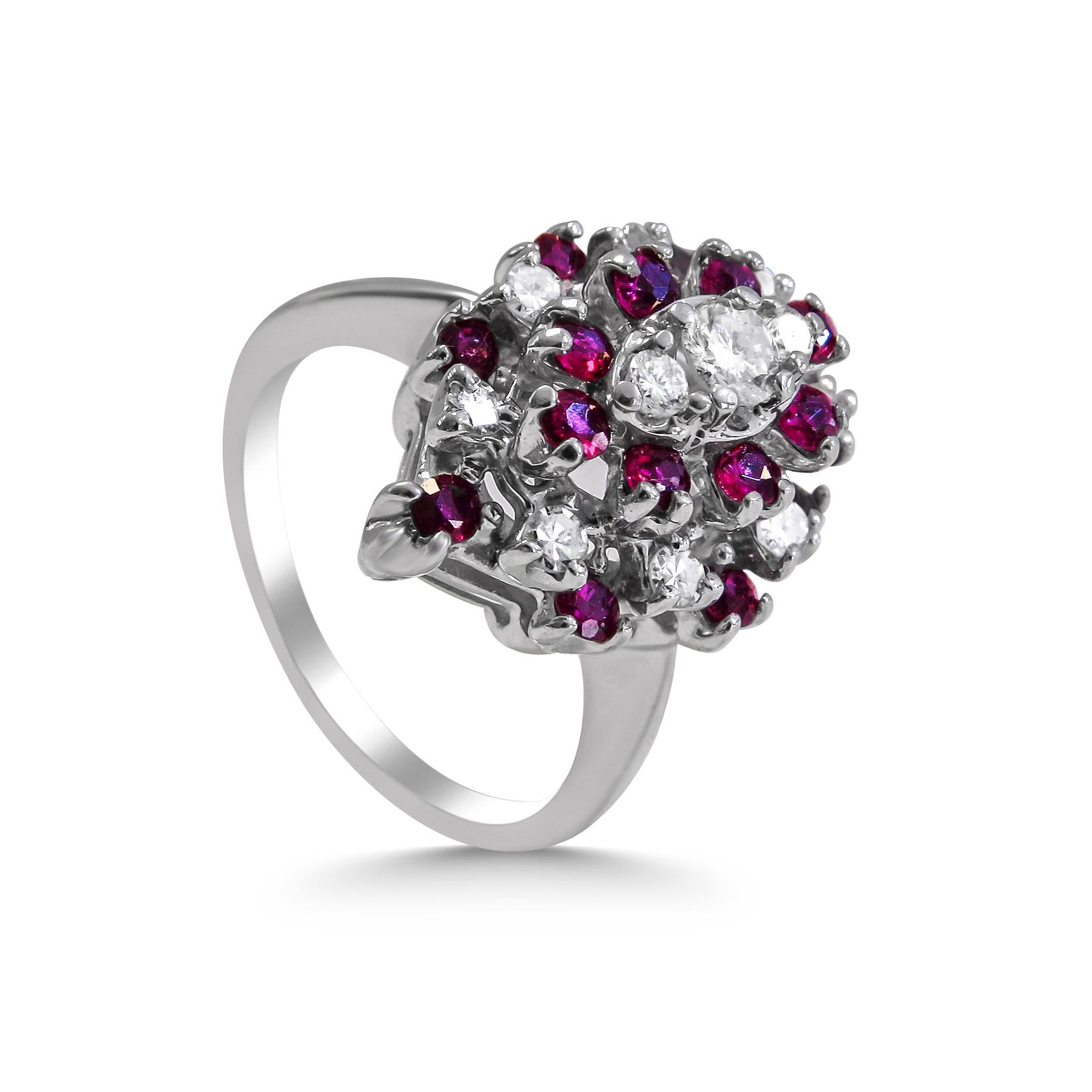 14k White gold
Weight= 5.6gr 
Size= 5 1/2 (We offer complementary  resizing upon request ) 
Diamond= 0.35 ct total 
Ruby= 0.25 ct  total