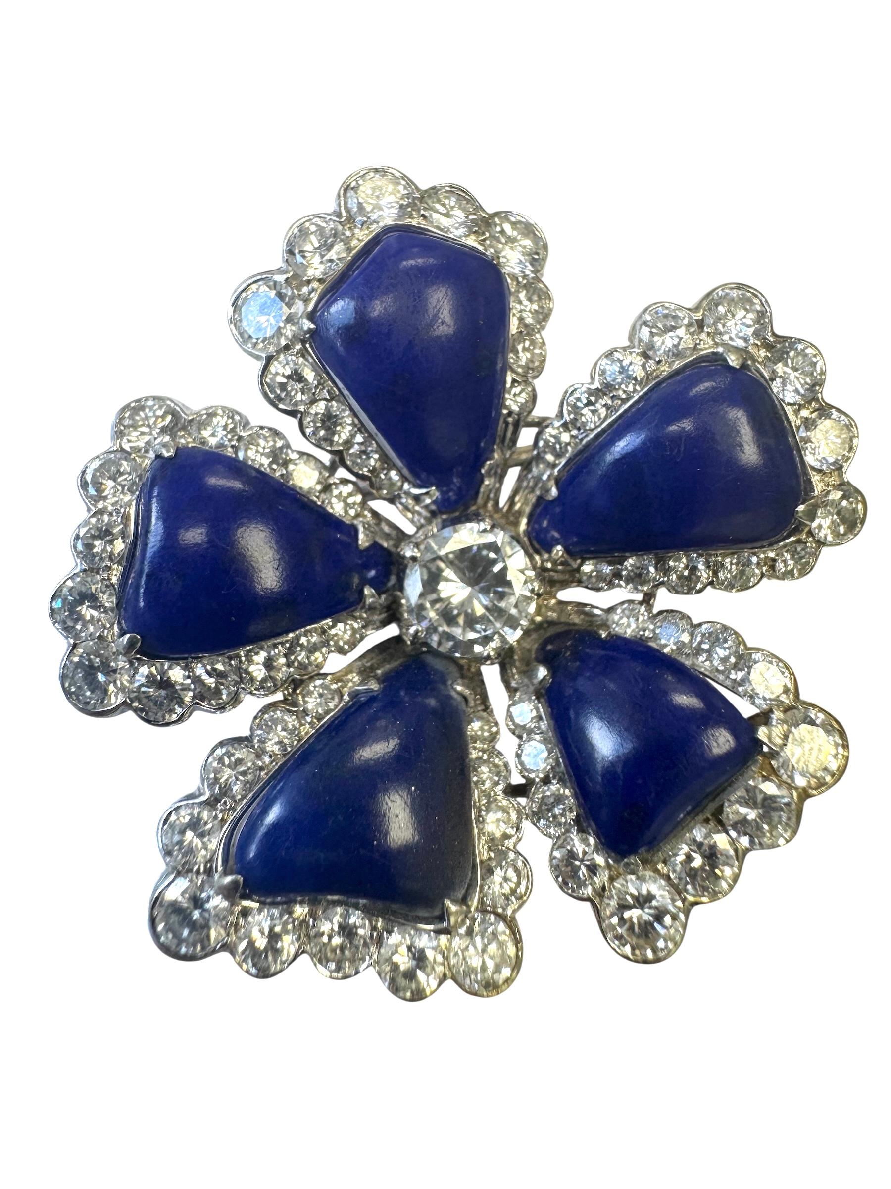 Broche fleur en or blanc 14K Lapis Lazuli et diamants en vente 5