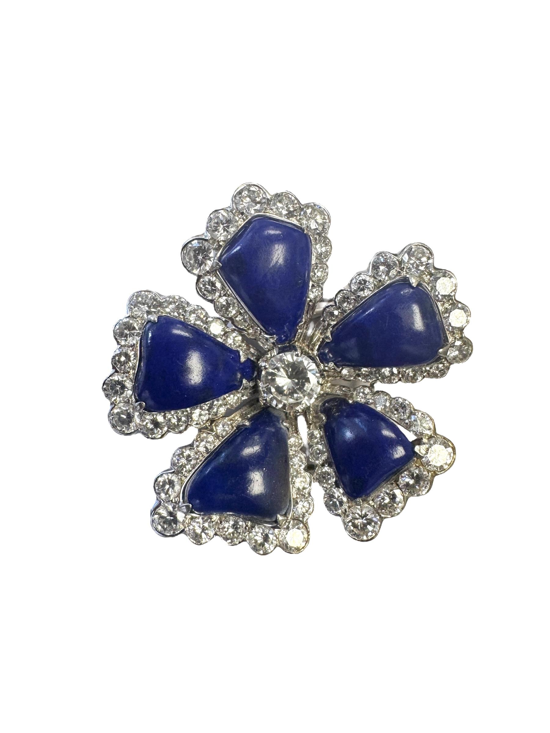Broche fleur en or blanc 14K Lapis Lazuli et diamants en vente 7