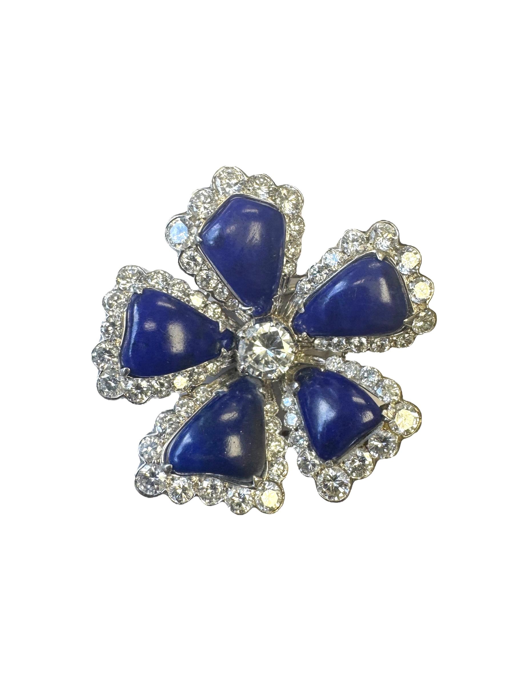 Taille brillant Broche fleur en or blanc 14K Lapis Lazuli et diamants en vente