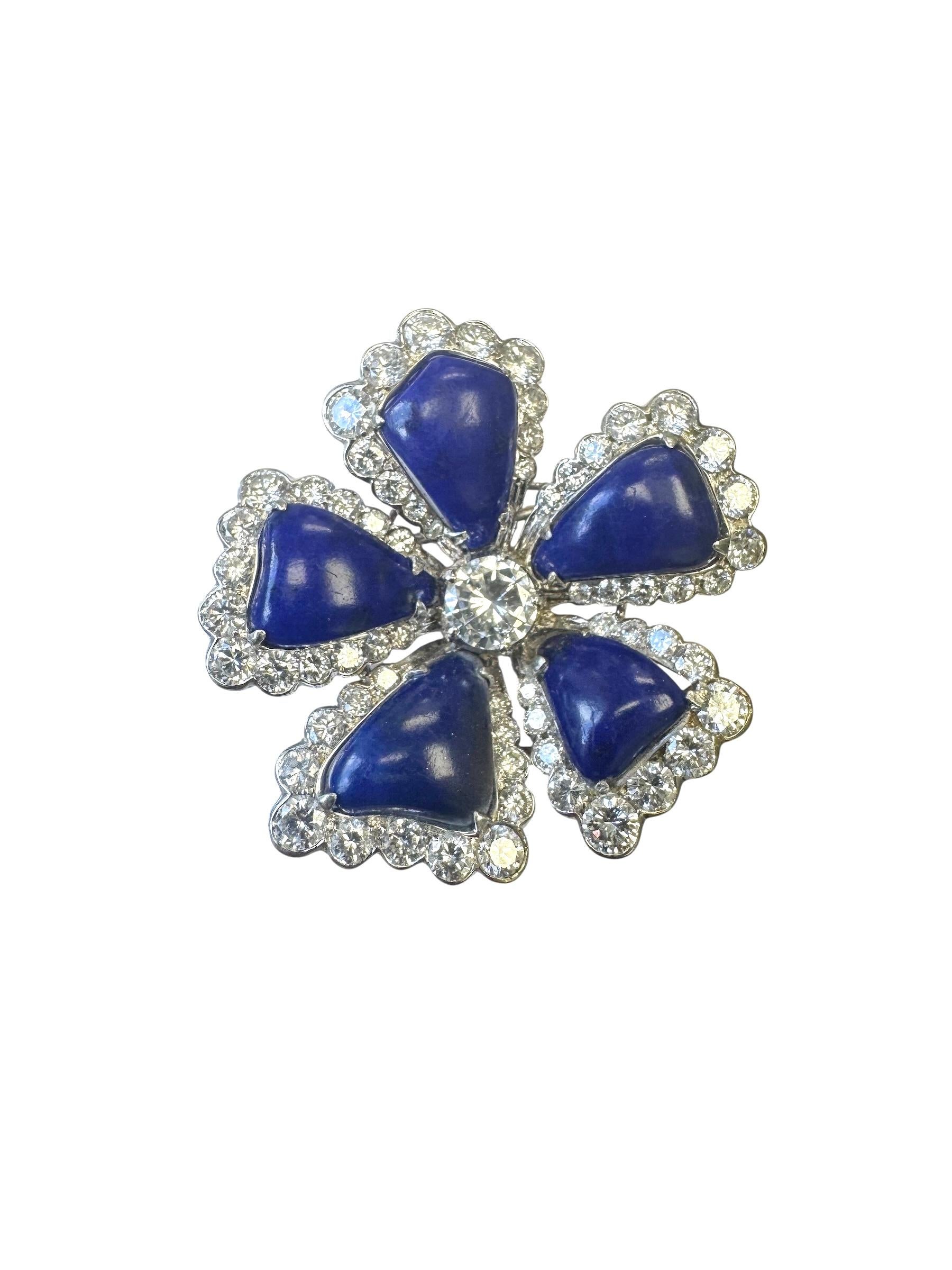 Broche fleur en or blanc 14K Lapis Lazuli et diamants Excellent état - En vente à Great Neck Plaza, NY