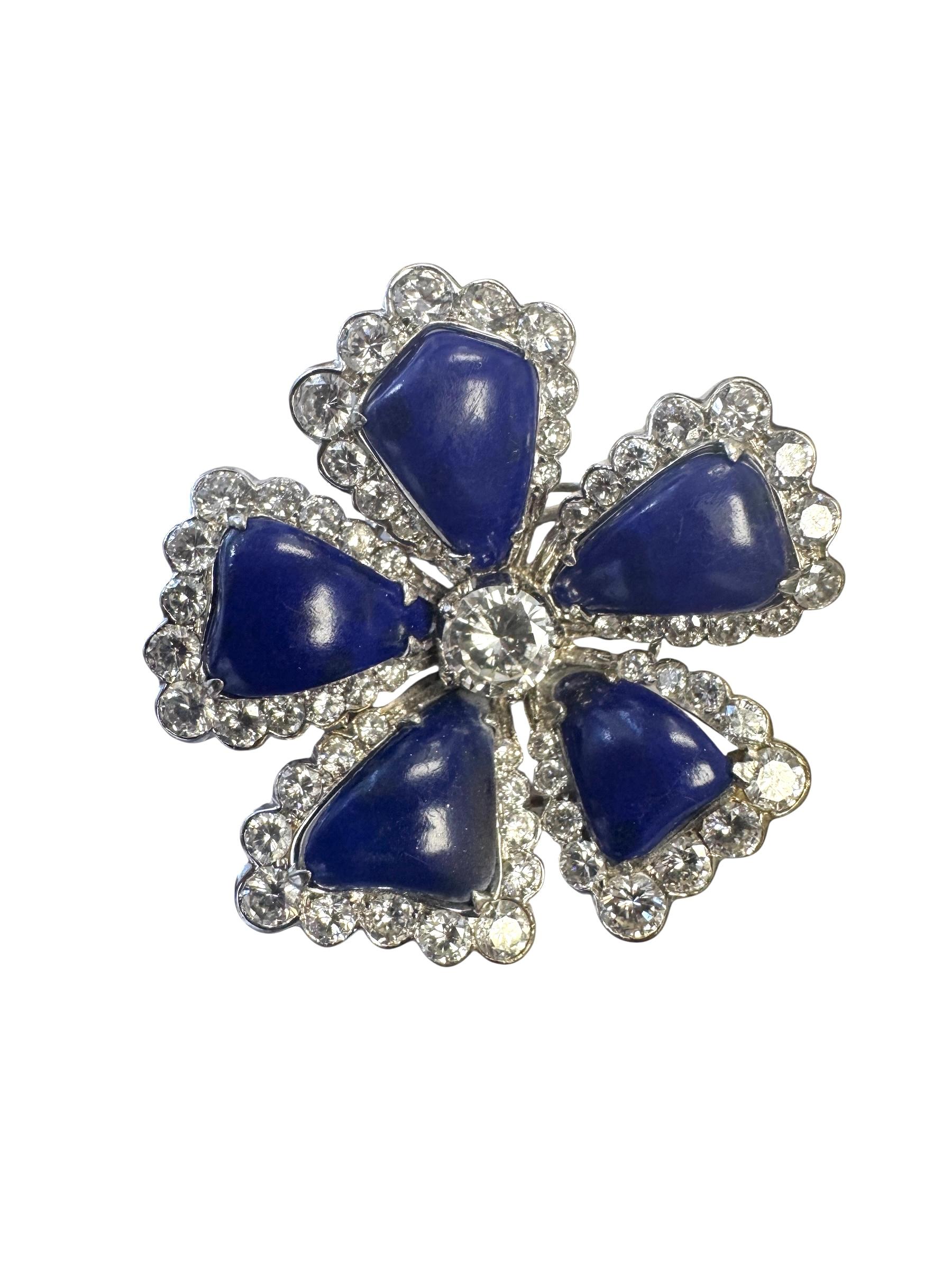 Broche fleur en or blanc 14K Lapis Lazuli et diamants Unisexe en vente
