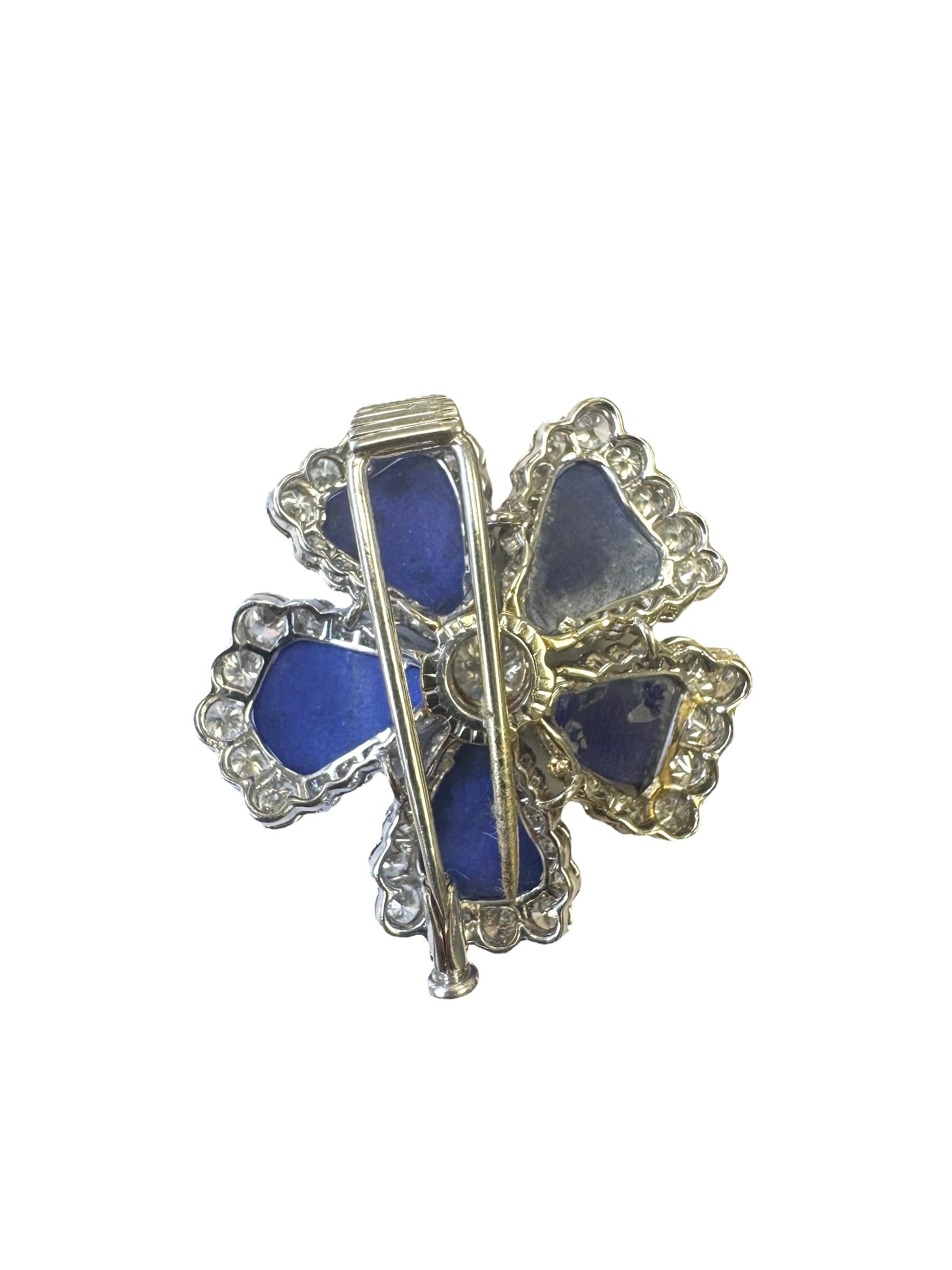 Broche fleur en or blanc 14K Lapis Lazuli et diamants en vente 1