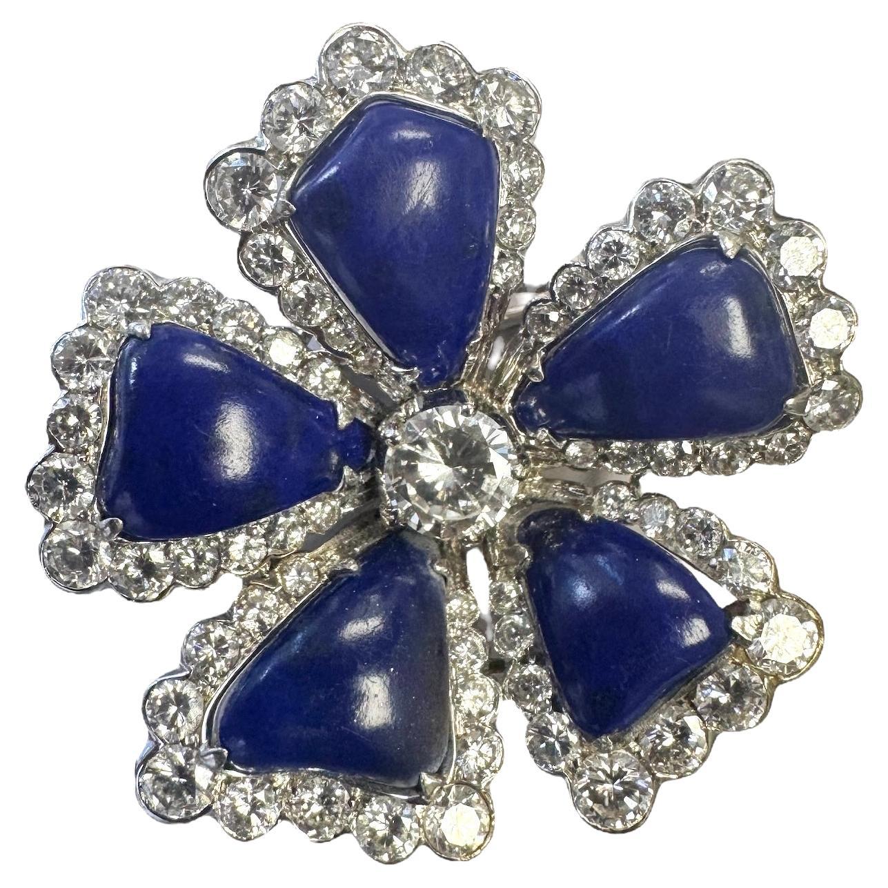Broche fleur en or blanc 14K Lapis Lazuli et diamants