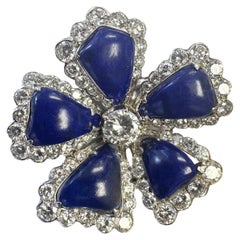 14K White Gold Lapis Lazuli and Diamond Flower Brooch