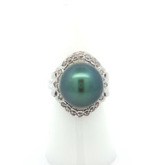 14k White Gold Large 13.92mm Tahitian Pearl w/ Diamond Statement Ring