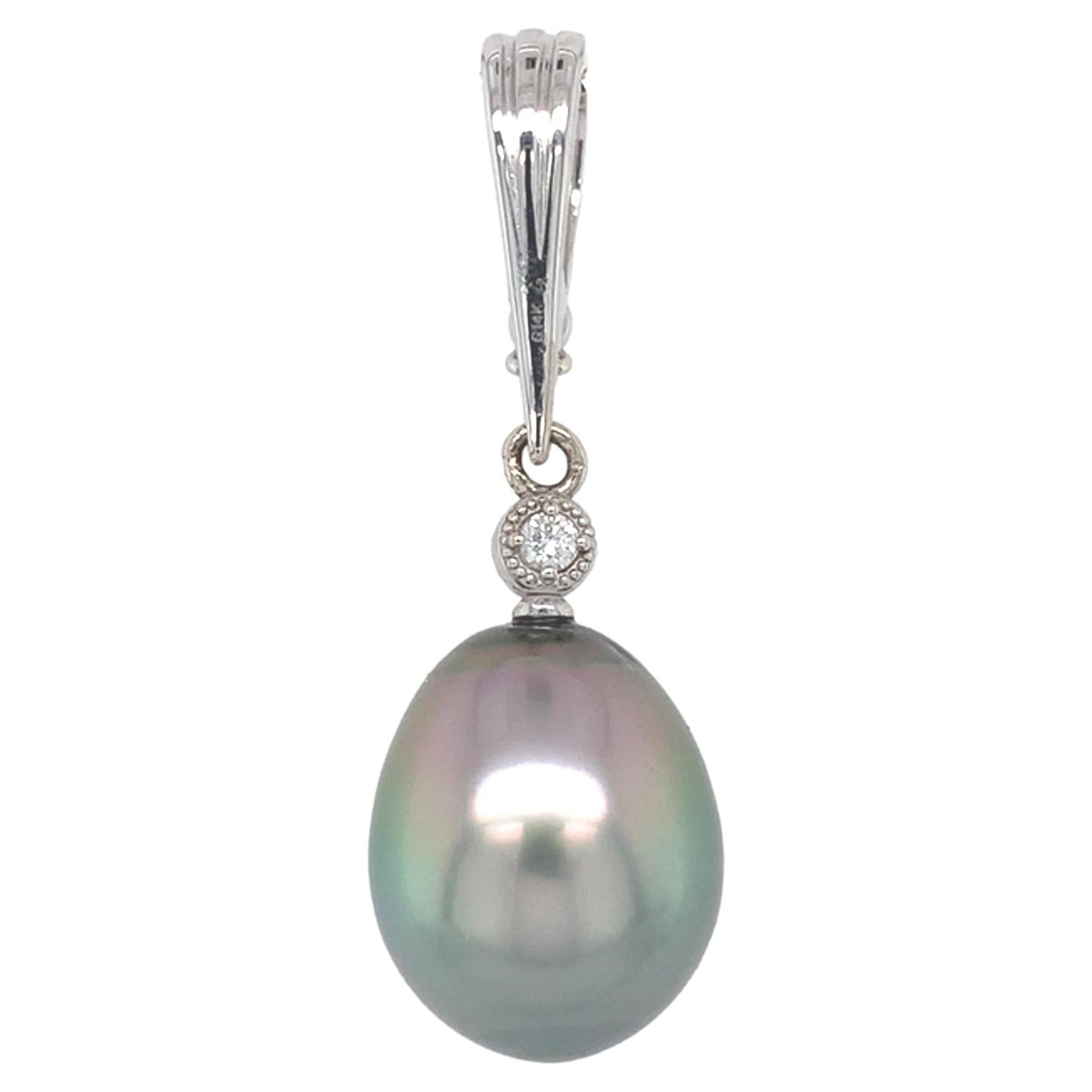 14K white gold Large 14.2mm Black Tahitian Pearl Enhancer Pendant Peacock color