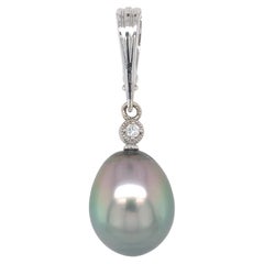14K white gold Large 14.2mm Black Tahitian Pearl Enhancer Pendant Peacock color