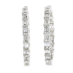 14k White Gold Large 5ct in and Out Emerald Cut Diamond Oval Shape Hoop Earrings