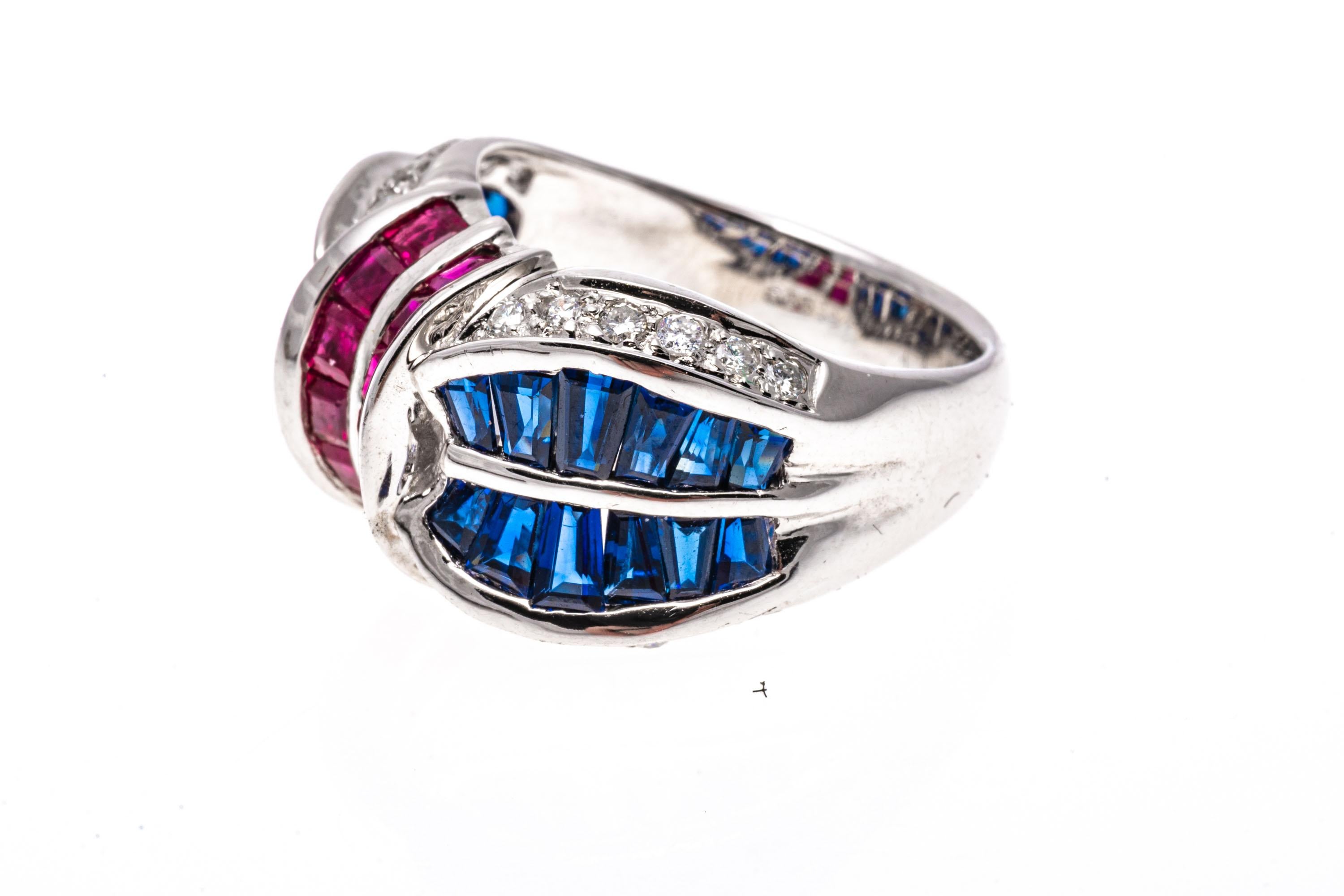 14k White Gold Large Concave Ruby, Sapphire and Diamond Ring In Good Condition For Sale In Southport, CT