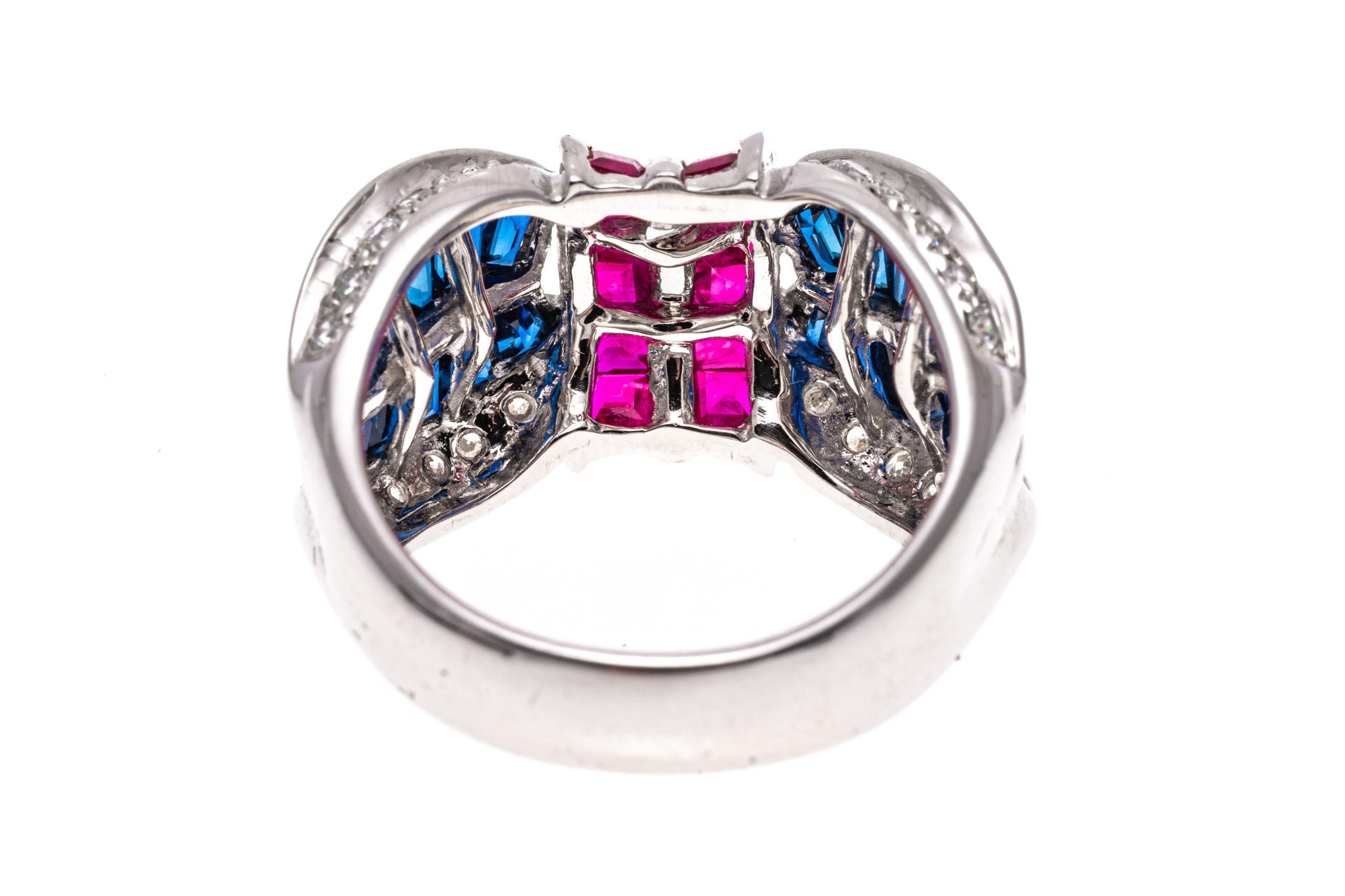 14k White Gold Large Concave Ruby, Sapphire and Diamond Ring For Sale 2