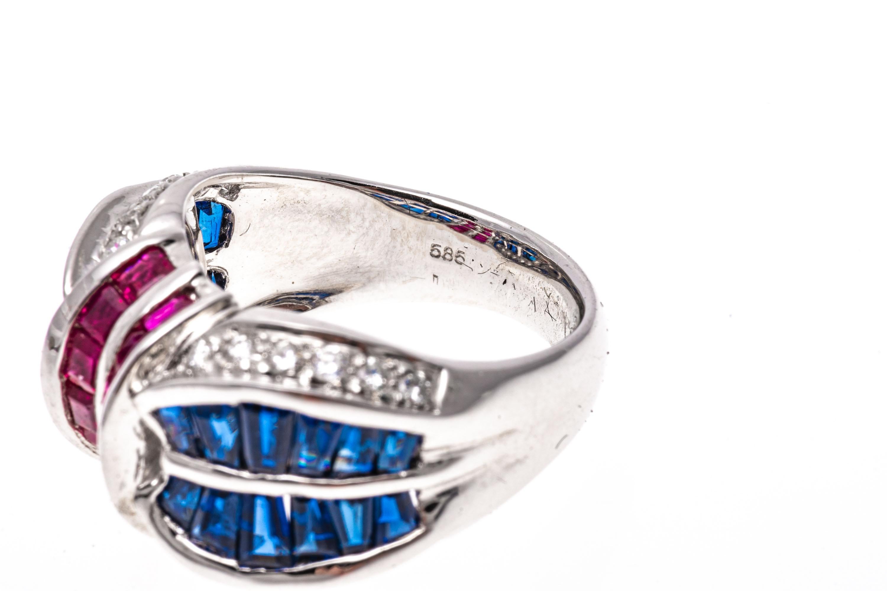 14k White Gold Large Concave Ruby, Sapphire and Diamond Ring For Sale 3