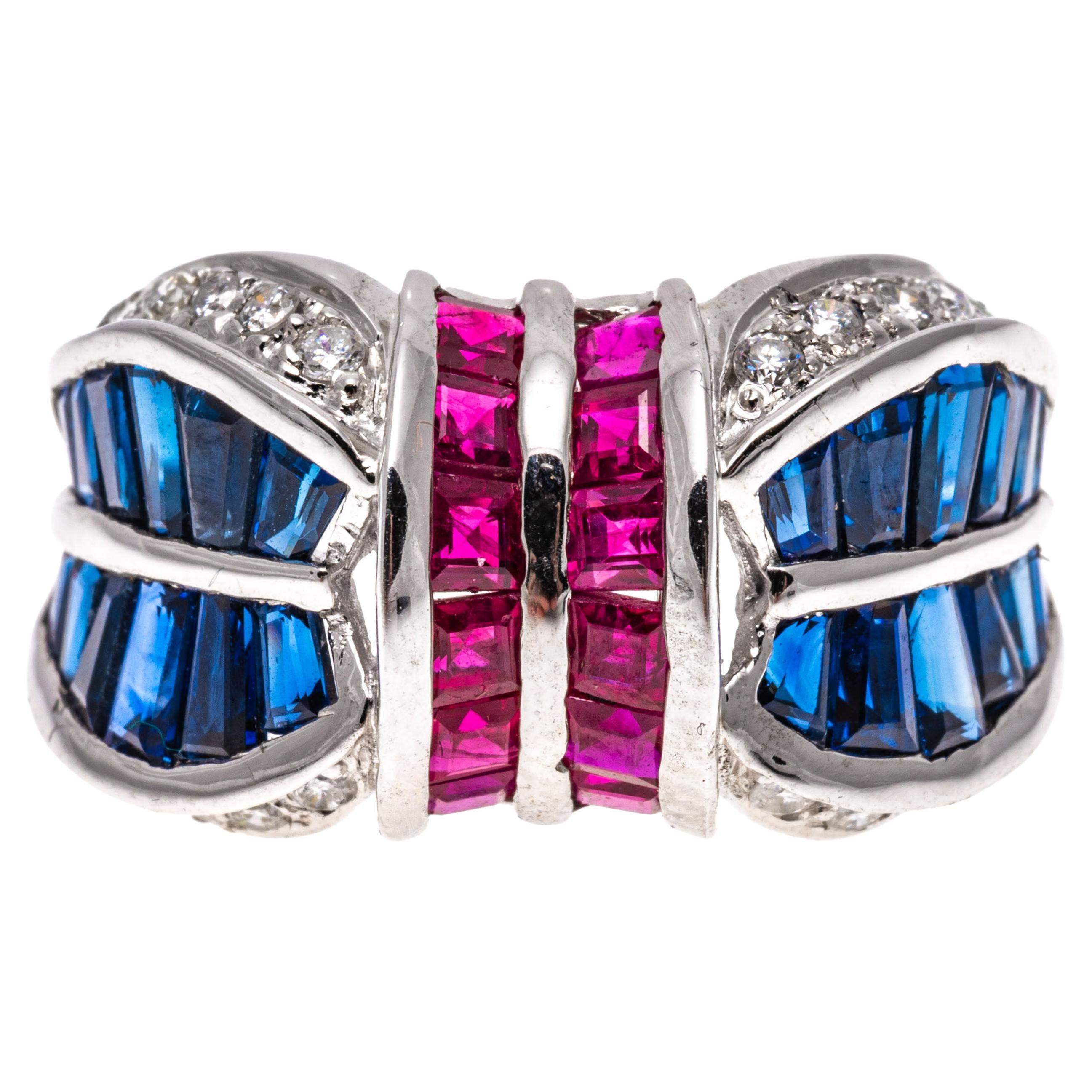 14k White Gold Large Concave Ruby, Sapphire and Diamond Ring