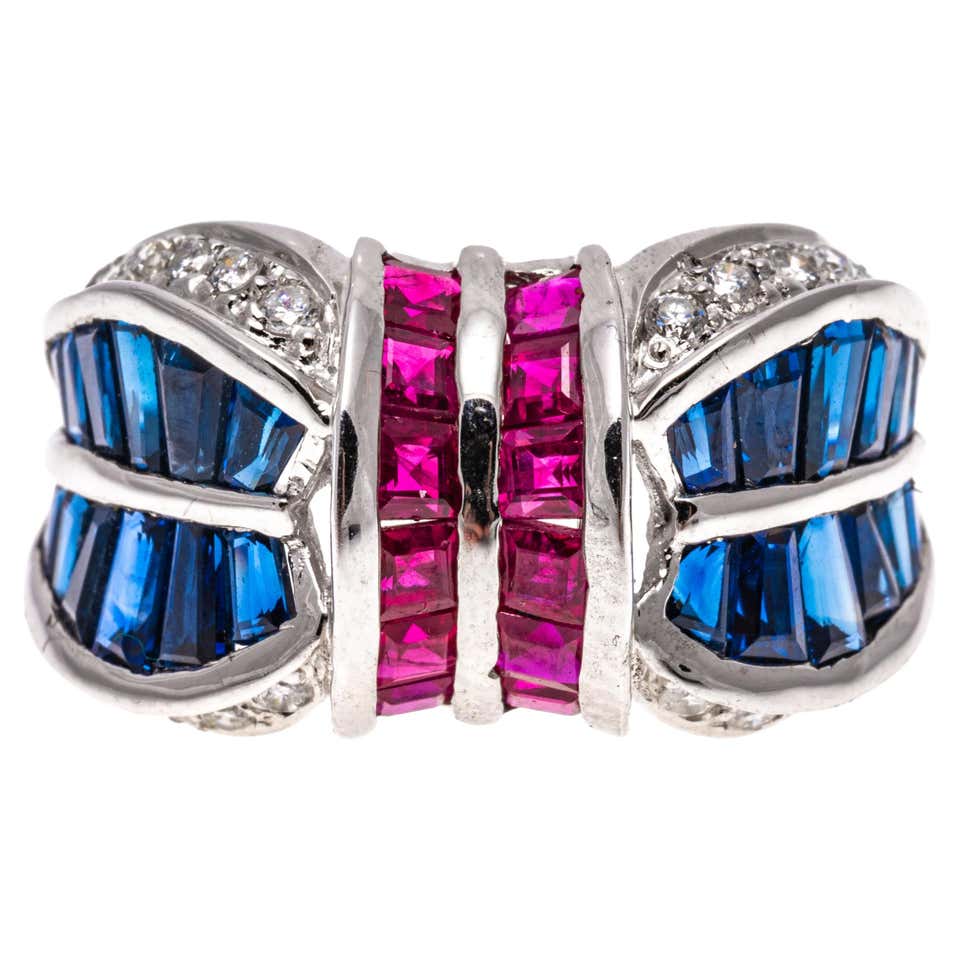 Blue Ruby Diamond Ruby, Blue Sapphire with Diamond Ring Set in 18 Karat White Gold ...