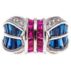 Vintage 14k White Gold Large Concave Ruby, Sapphire and Diamond Ring