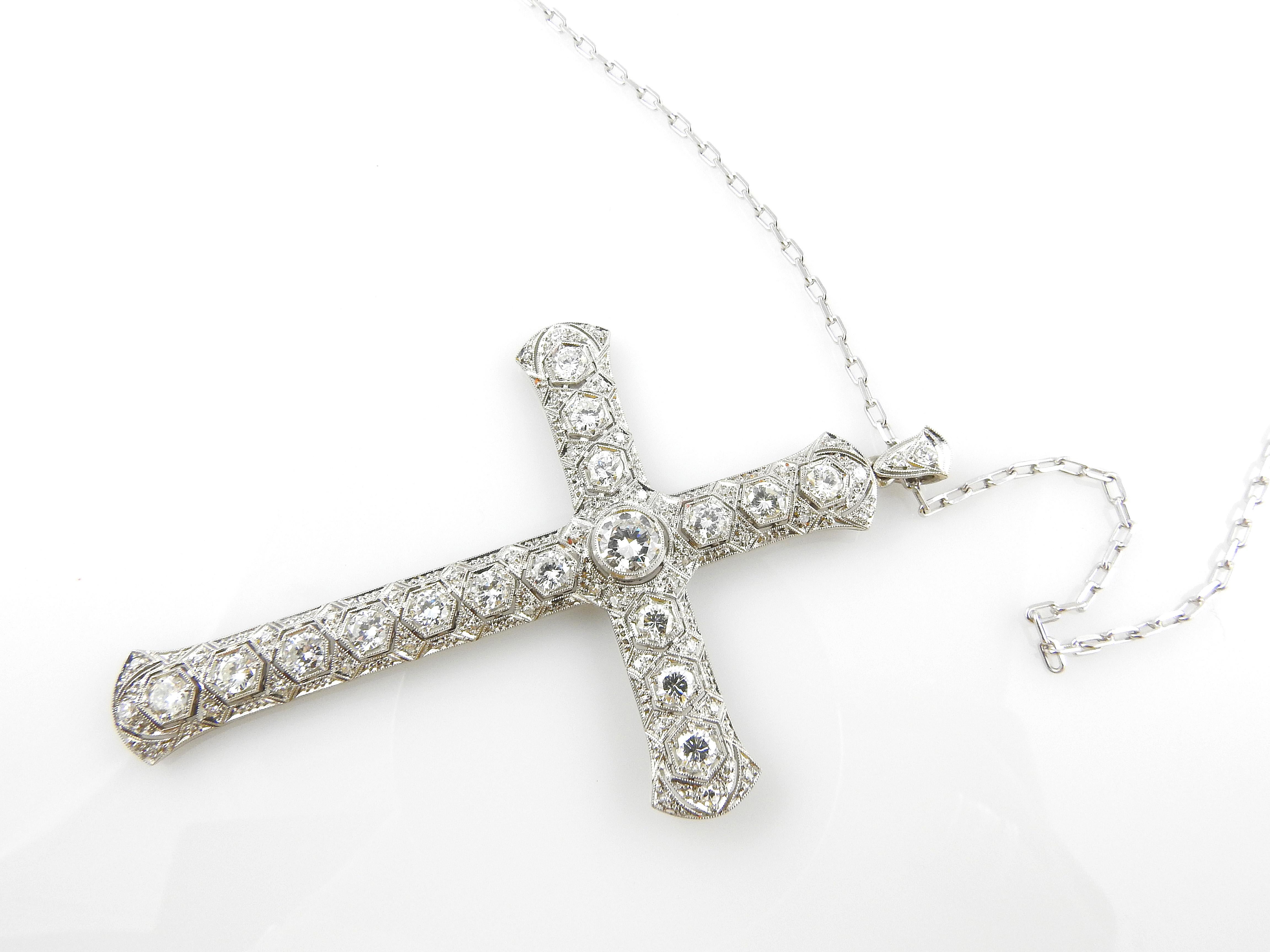 14K White Gold Large Diamond Cross Pendant Necklace 3.51cts #14328 For Sale 2