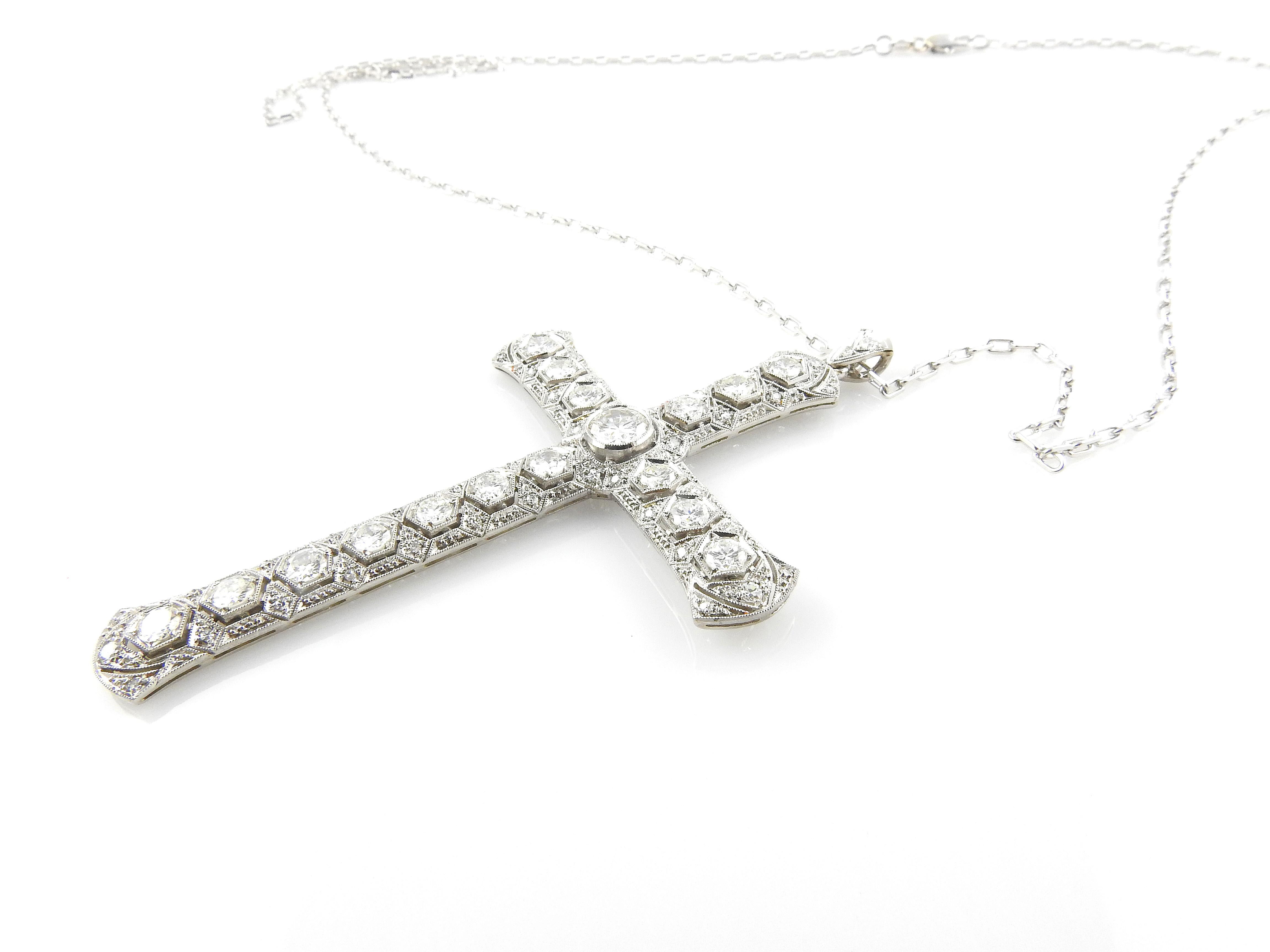14K White Gold Large Diamond Cross Pendant Necklace 3.51cts #14328 For Sale 3