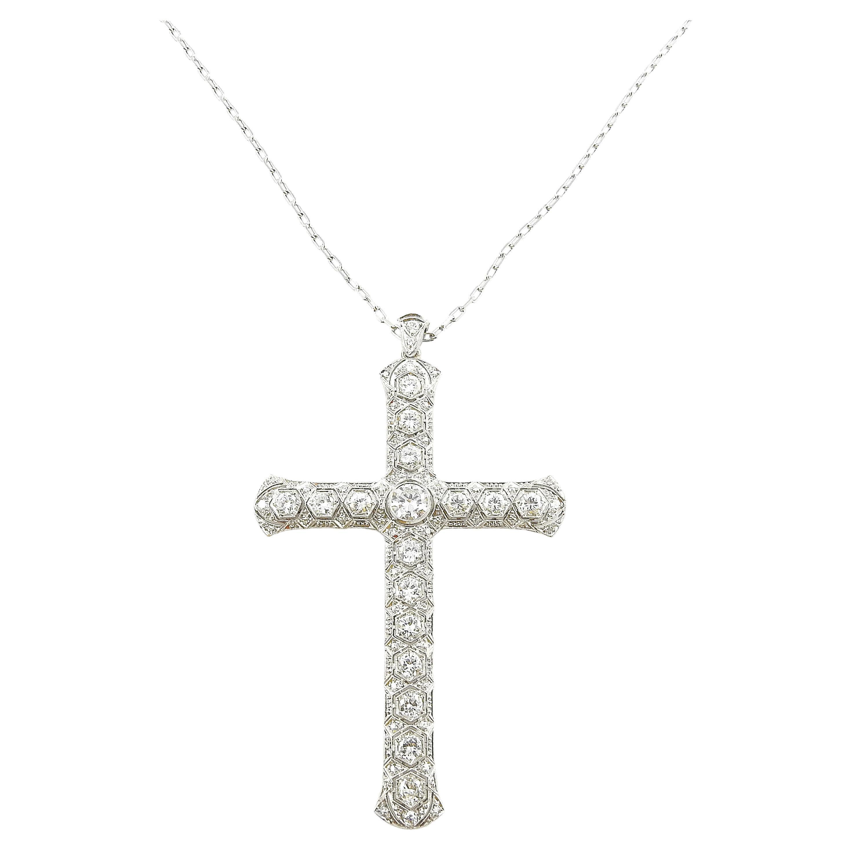 14K White Gold Large Diamond Cross Pendant Necklace 3.51cts #14328 For Sale