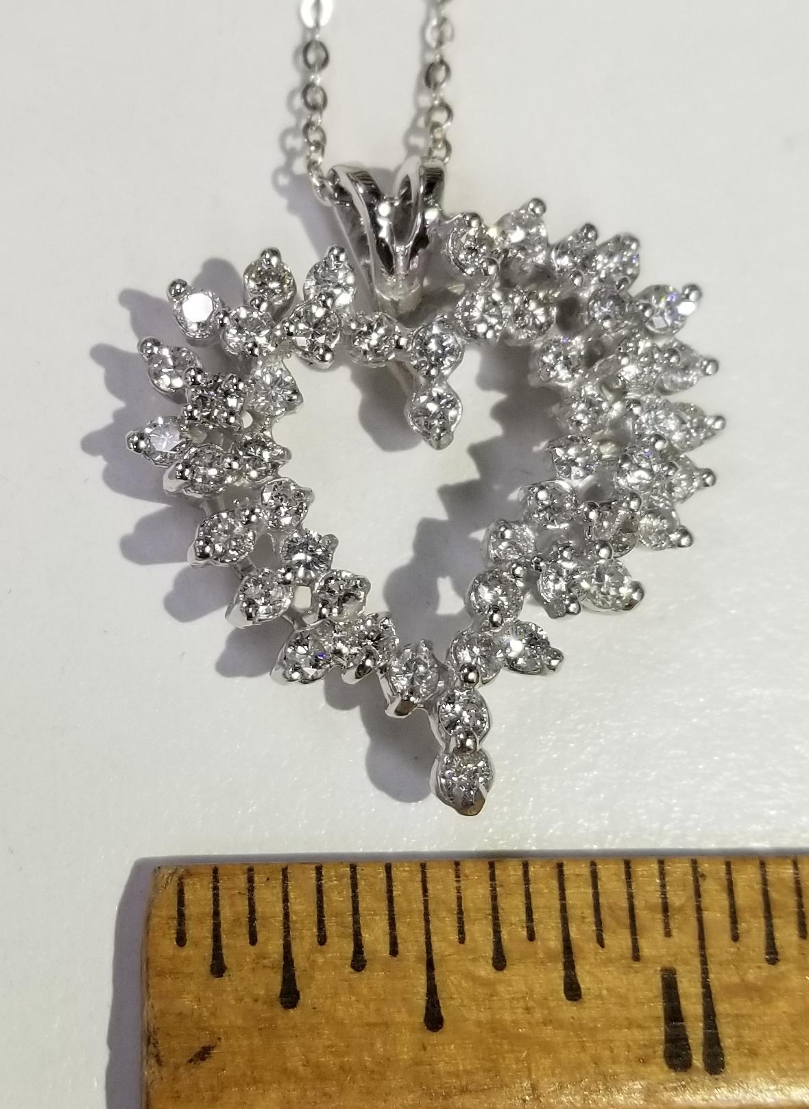 Round Cut 14 Karat White Gold Large Diamond Heart Pendant For Sale