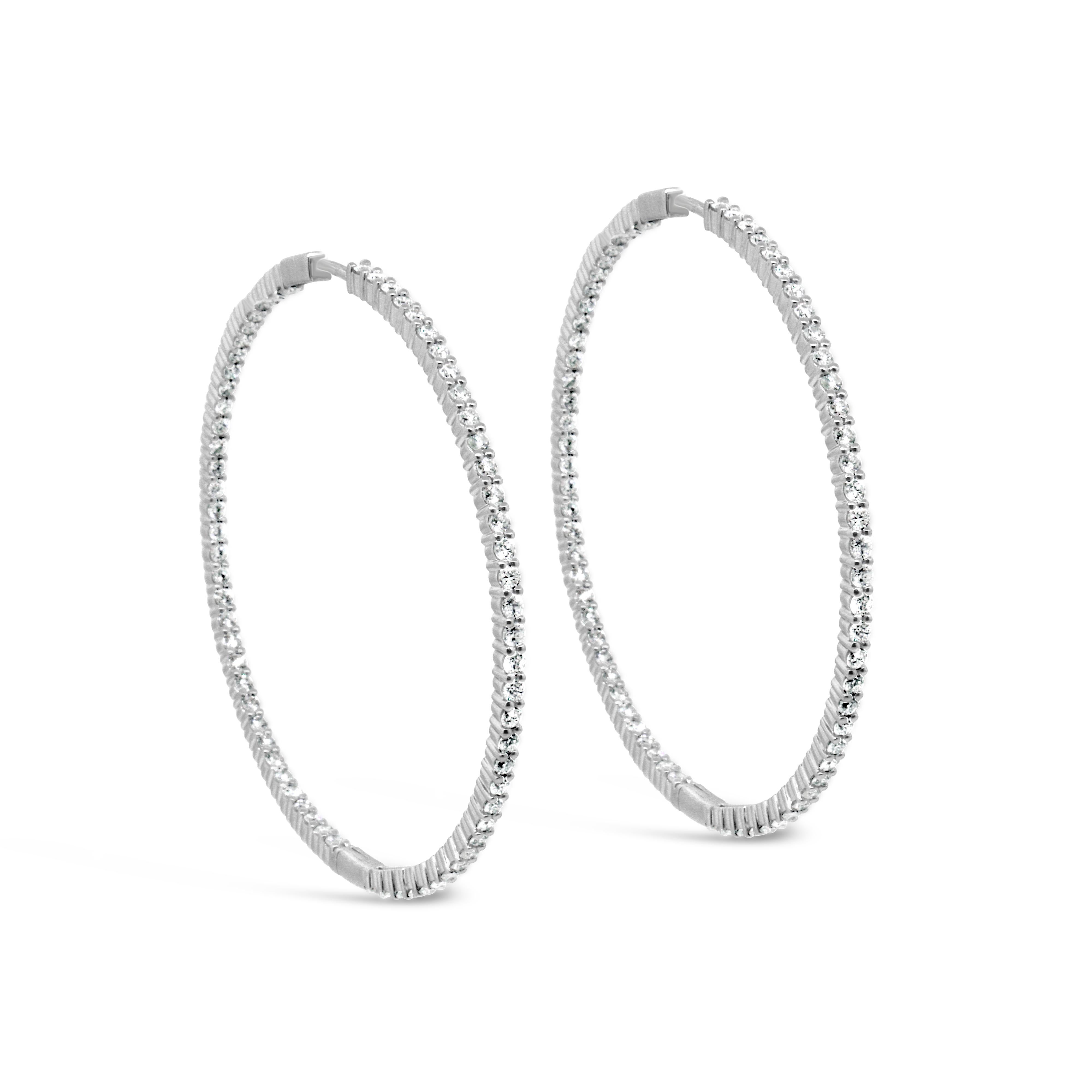 14k White Gold Large Hoop Inside-Out Diamond Earrings In Good Condition For Sale In New York, NY