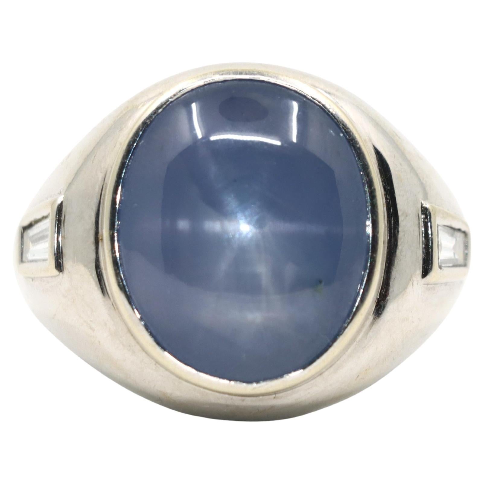 14K White Gold Large Star Sapphire Diamond Ring