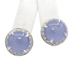 14k White Gold Lavender Chalcedony Cabochon & Diamond Halo Earrings