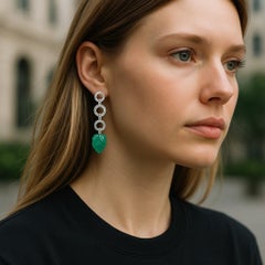 14K White Gold Leaf Carved Colombian Emerald and Diamond Circle Drop Earrings