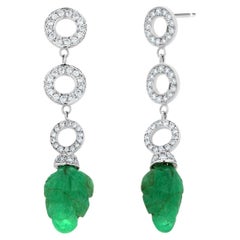 14K White Gold Leaf Carved Colombian Emerald and Diamond Circle Drop Earrings