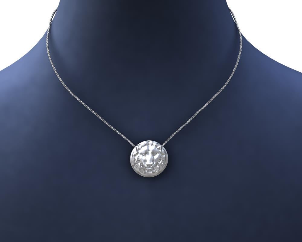 Tiffany Designer , Thomas Kurilla made this 14k White Gold Lion Pendant,  Matte finish or polished , 21 mm diameter x 5.4 high on a 18 inch chain 1.5 mm wide. This chain is for women , too fine for men. I would recommend a 1.9mm cable chain with