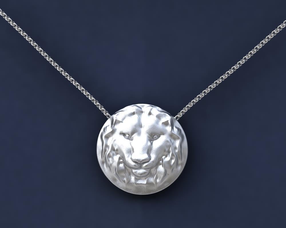 Contemporain Collier pendentif lion en or blanc 14 carats avec chaîne pour femme 18 