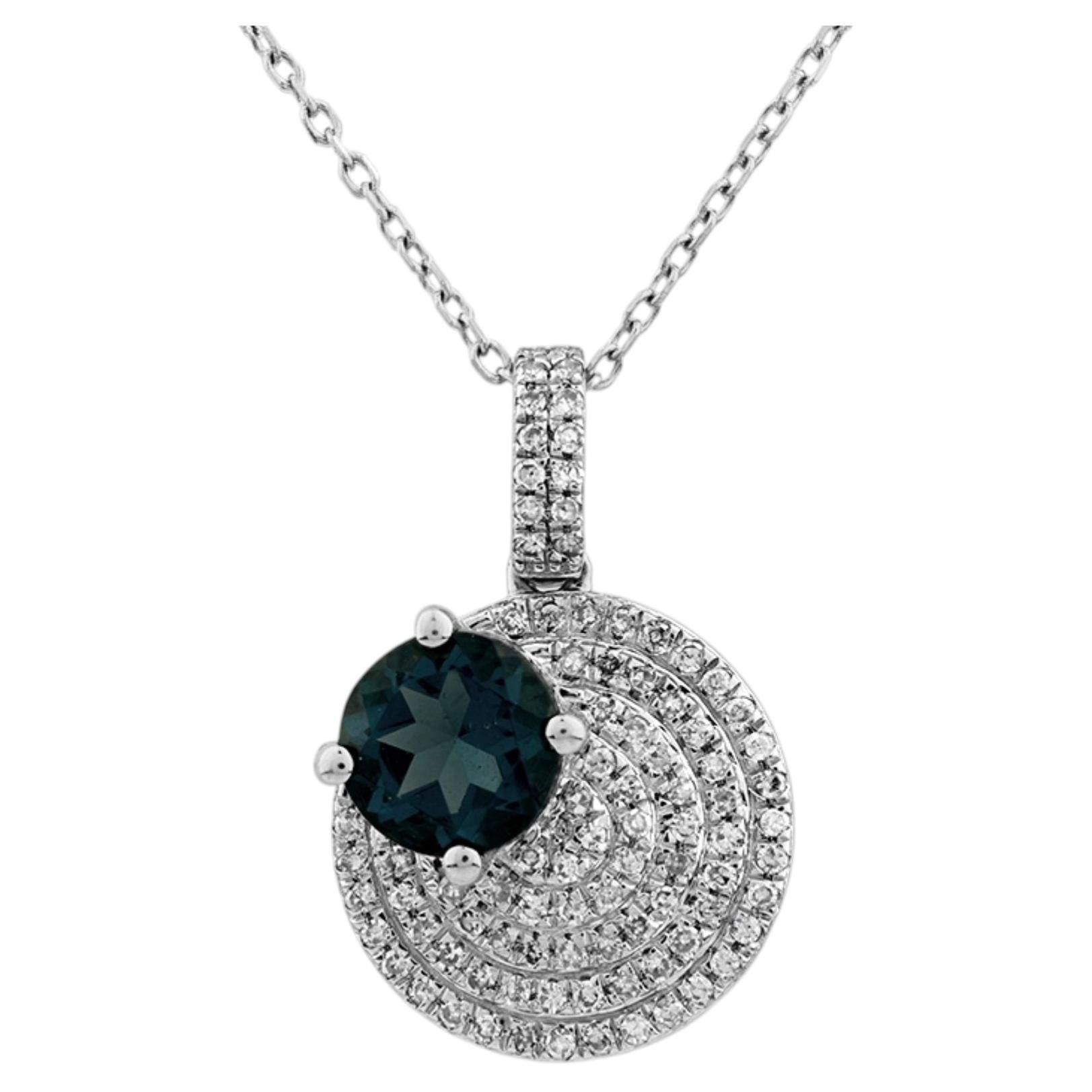 14K White Gold London Blue Topaz and Diamond Eclipse Pendant Necklace For Sale