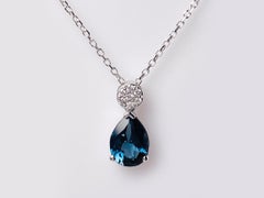 14K White Gold London Blue Topaz Teardrop & Diamond Disc Pendant