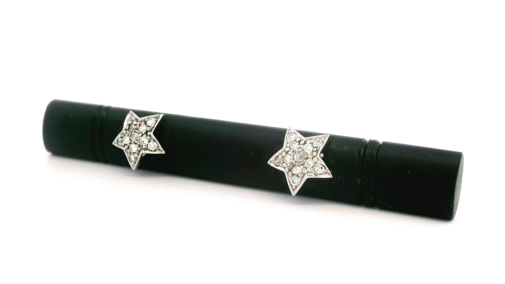 Old Mine Cut 14k White Gold Long Carved Pierced Black Onyx w/ Star Diamond Bar Pin Brooch For Sale