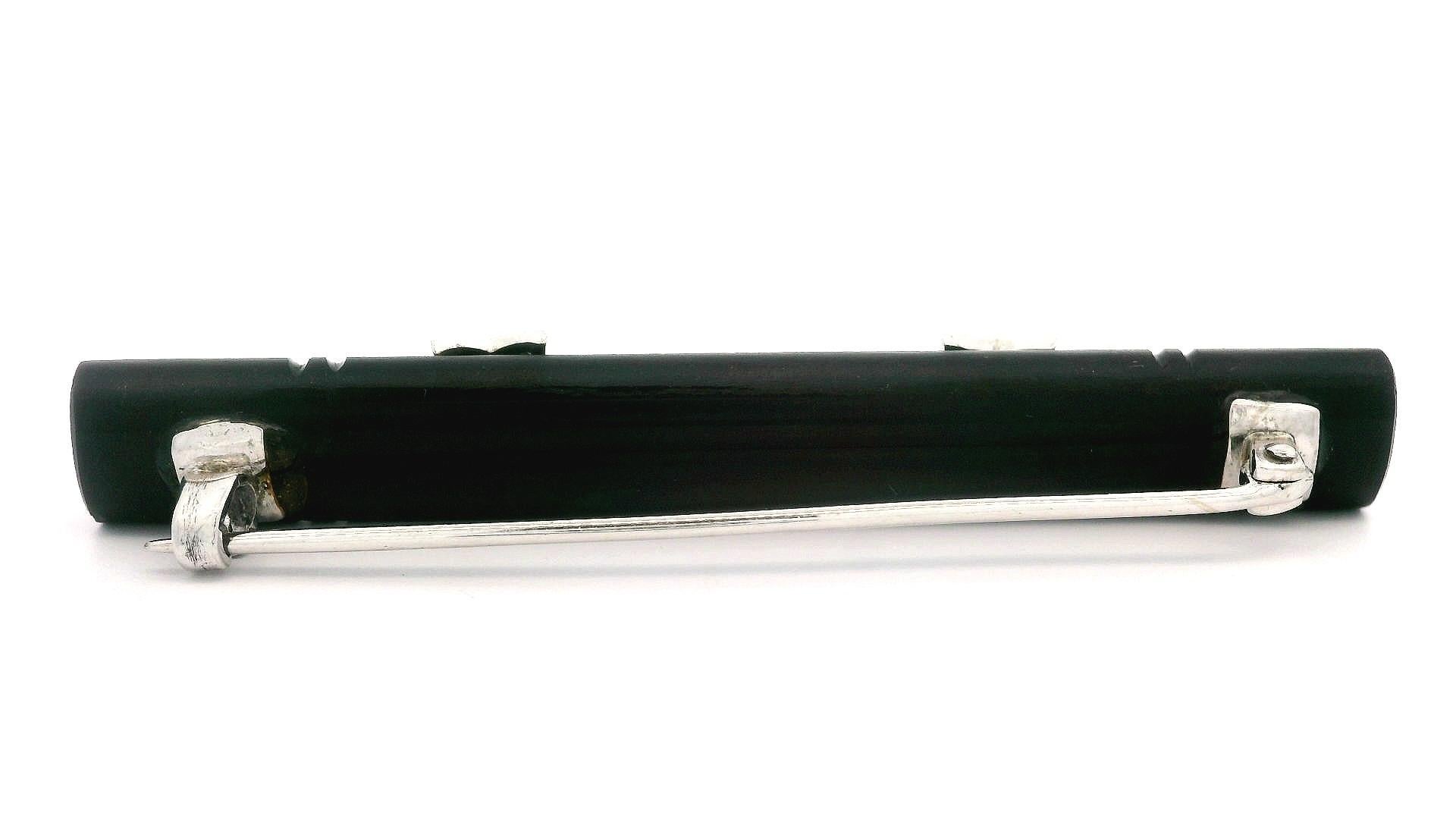14k White Gold Long Carved Pierced Black Onyx w/ Star Diamond Bar Pin Brooch In Excellent Condition For Sale In Montclair, NJ