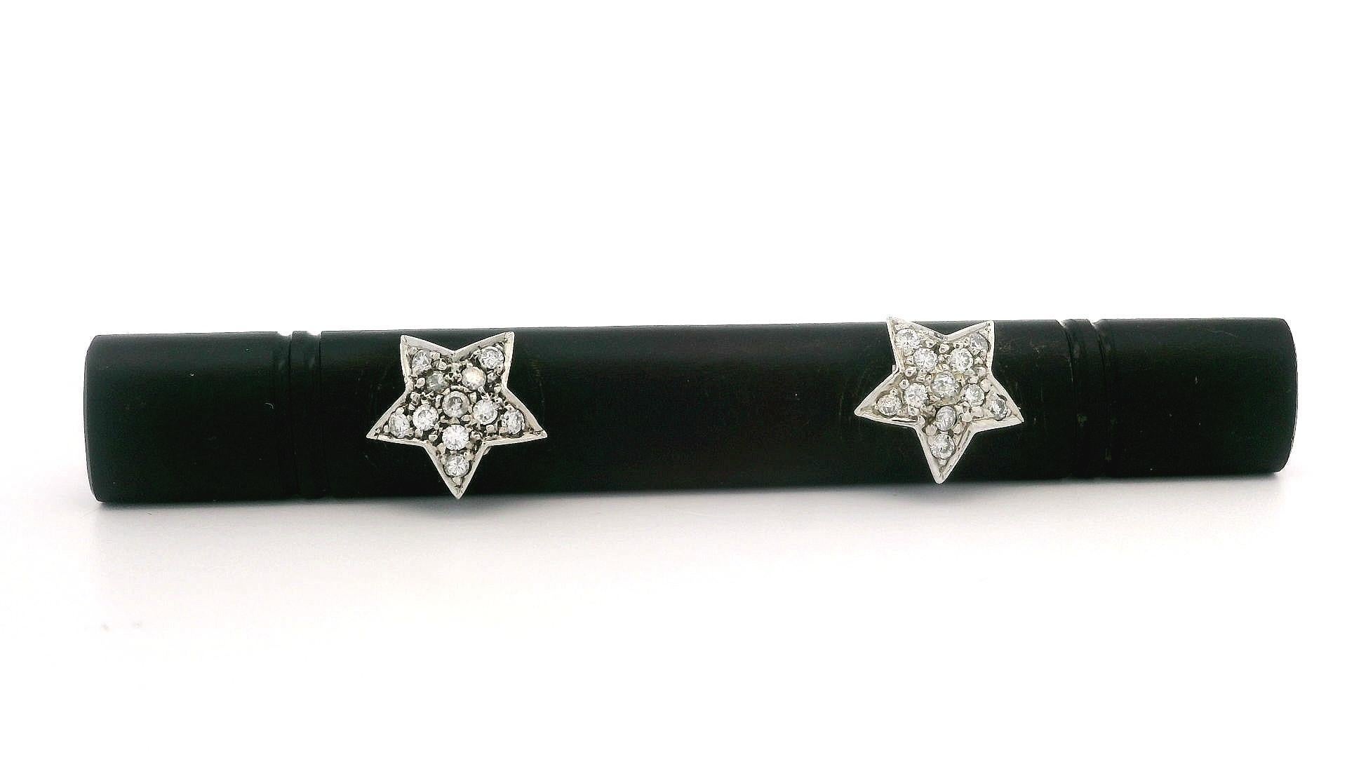 Women's or Men's 14k White Gold Long Carved Pierced Black Onyx w/ Star Diamond Bar Pin Brooch For Sale