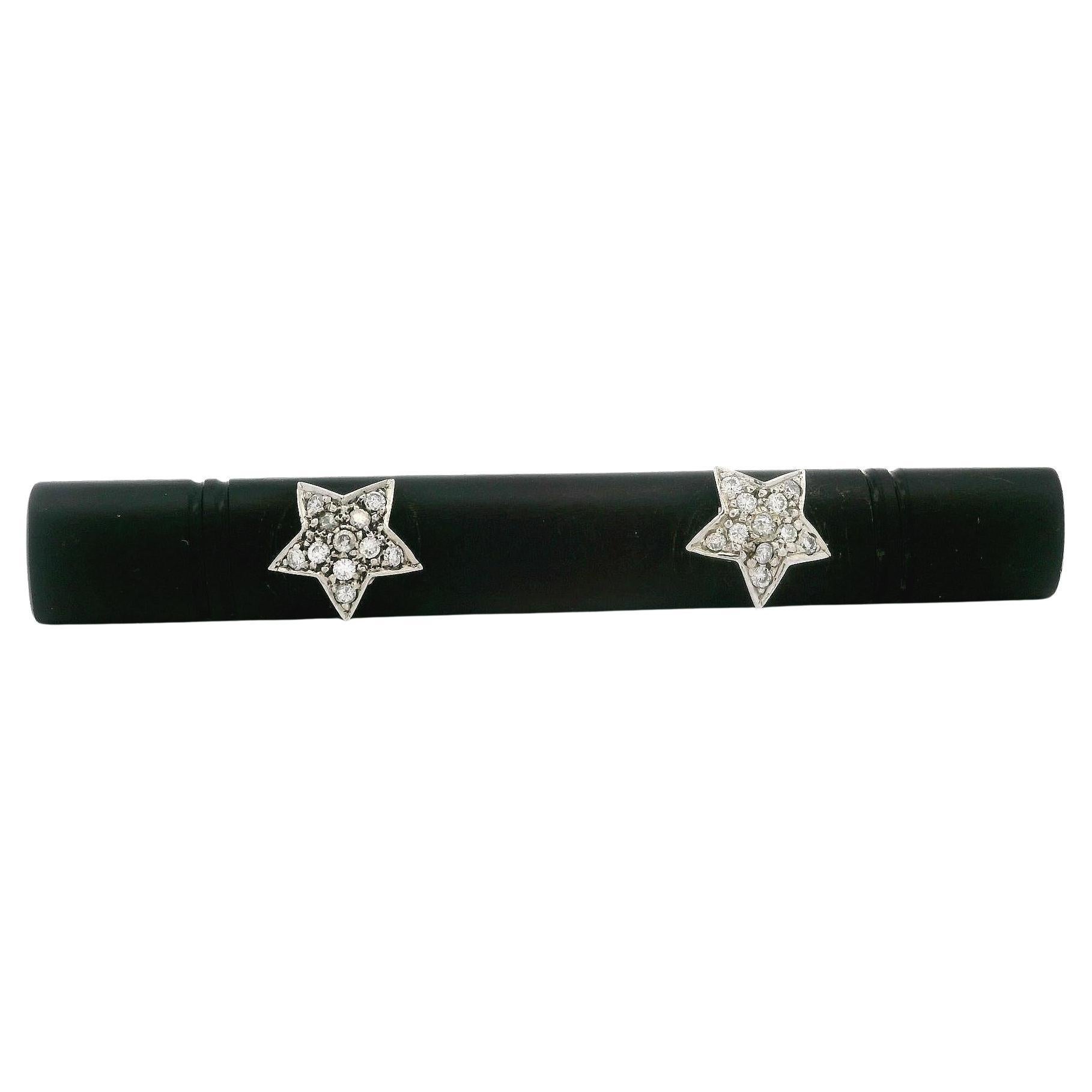 14k White Gold Long Carved Pierced Black Onyx w/ Star Diamond Bar Pin Brooch