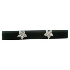 14k White Gold Long Carved Pierced Black Onyx w/ Star Diamond Bar Pin Brooch