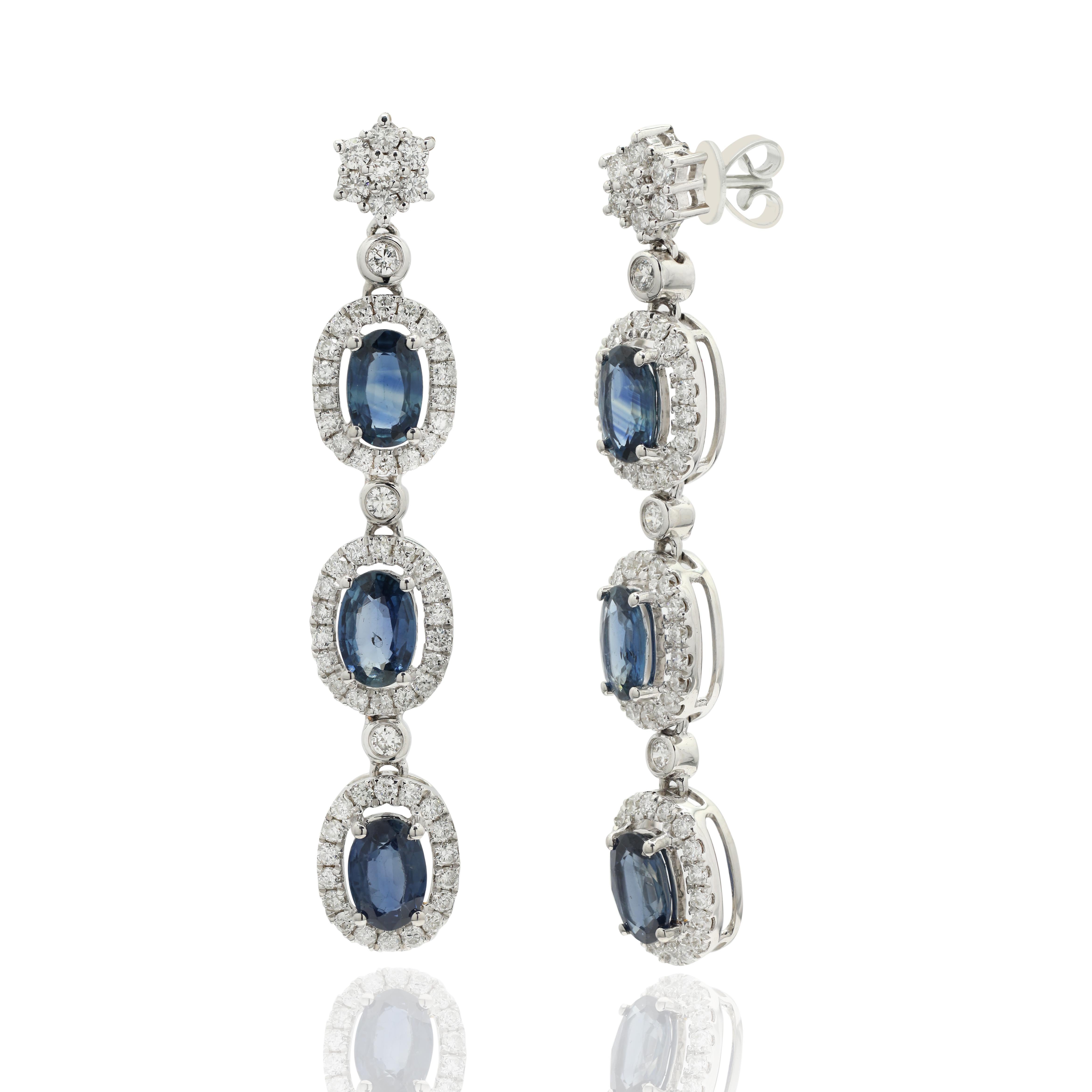 Modern 14K White Gold Long Dangle Earrings with 3.31 Ct Blue Sapphire and Diamonds For Sale