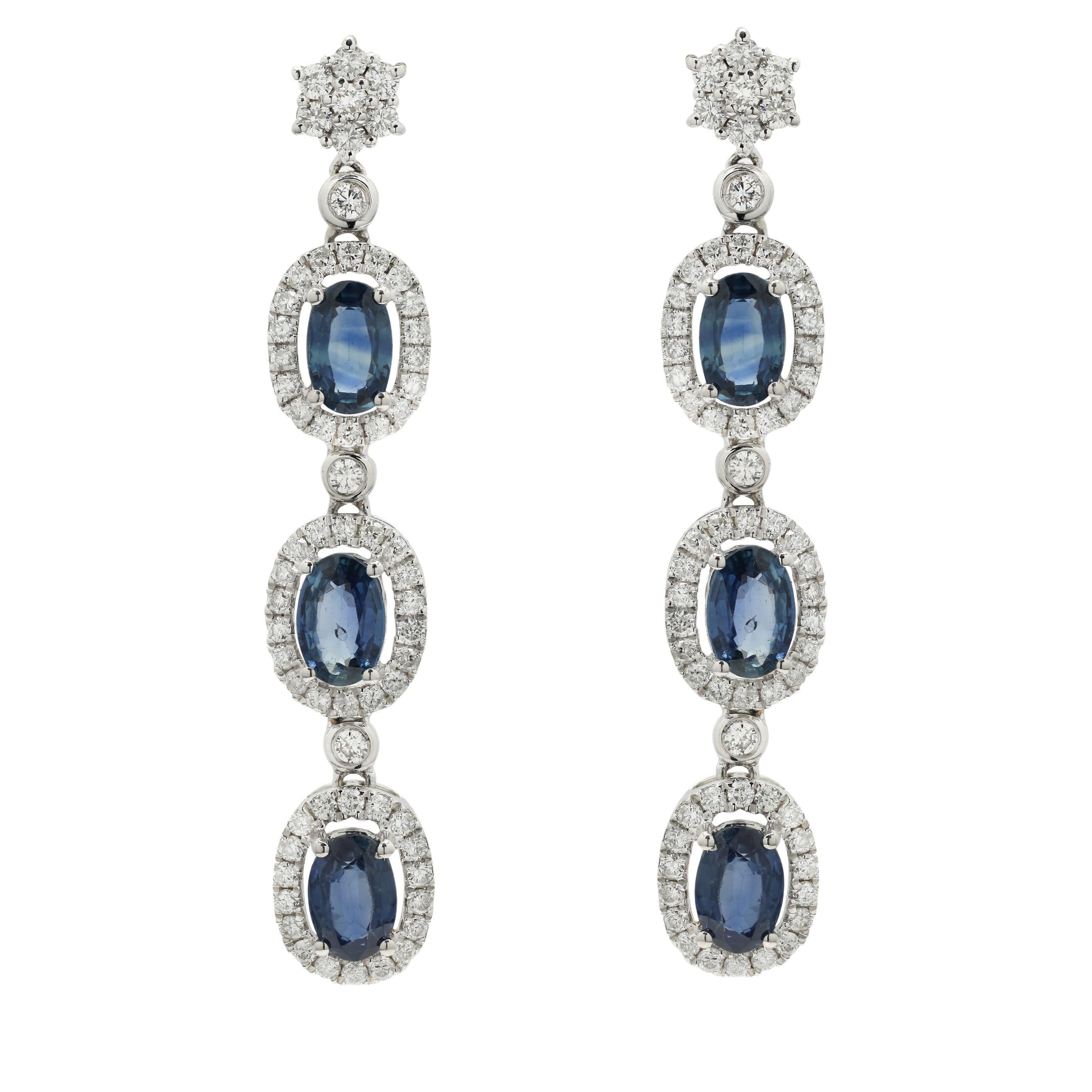 14K White Gold Long Dangle Earrings with 3.31 Ct Blue Sapphire and Diamonds