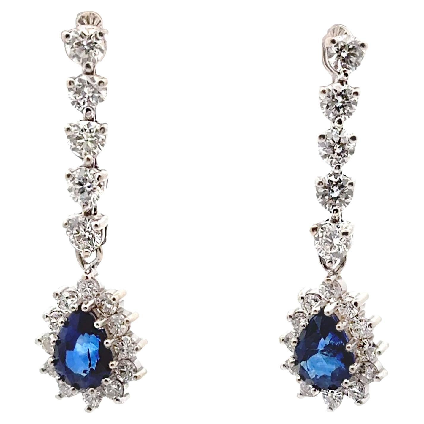 14k White Gold Long Earrings with Diamonds and Sapphires