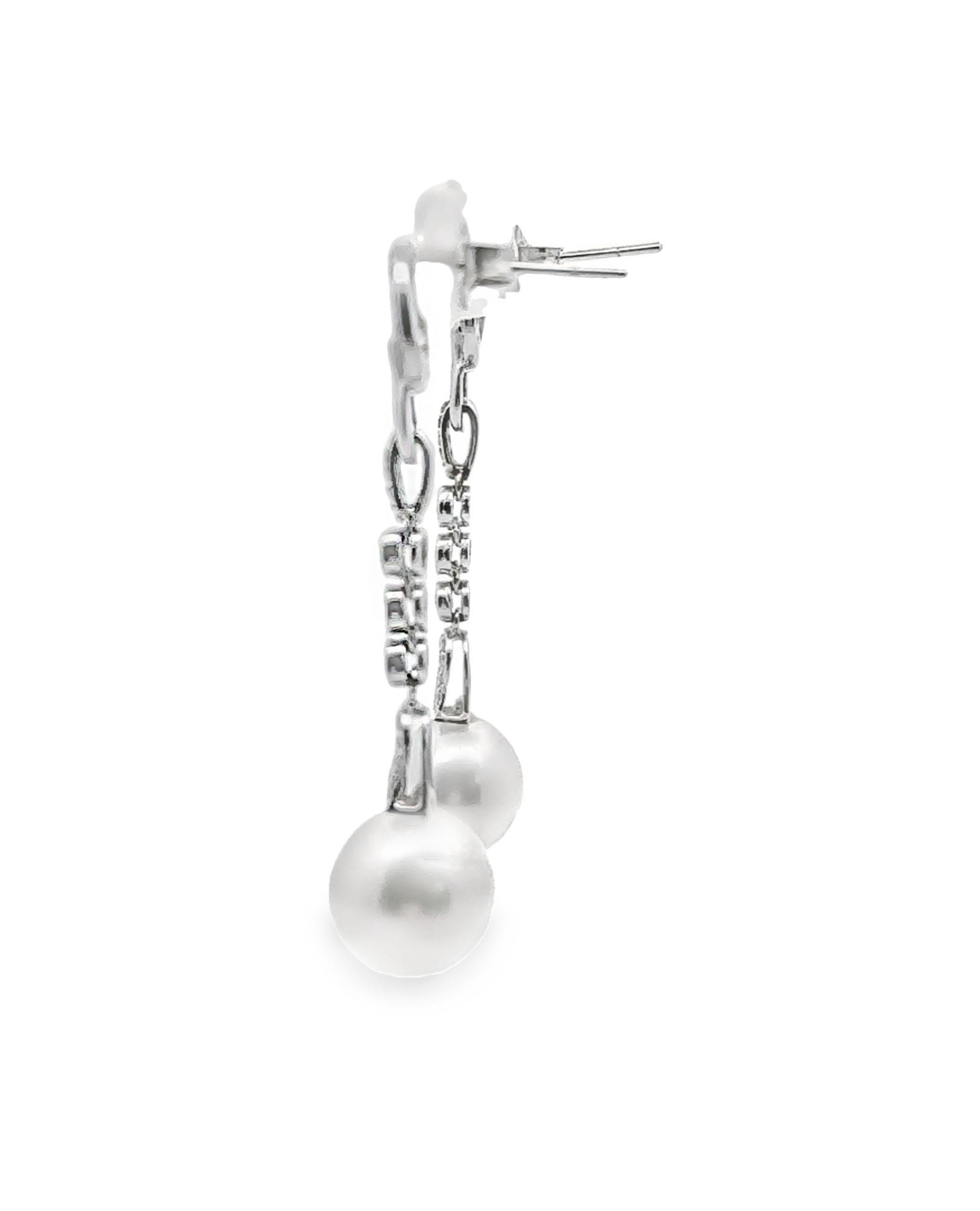 Round Cut 14K White Gold Long Earrings with South Sea Pearls and Diamonds