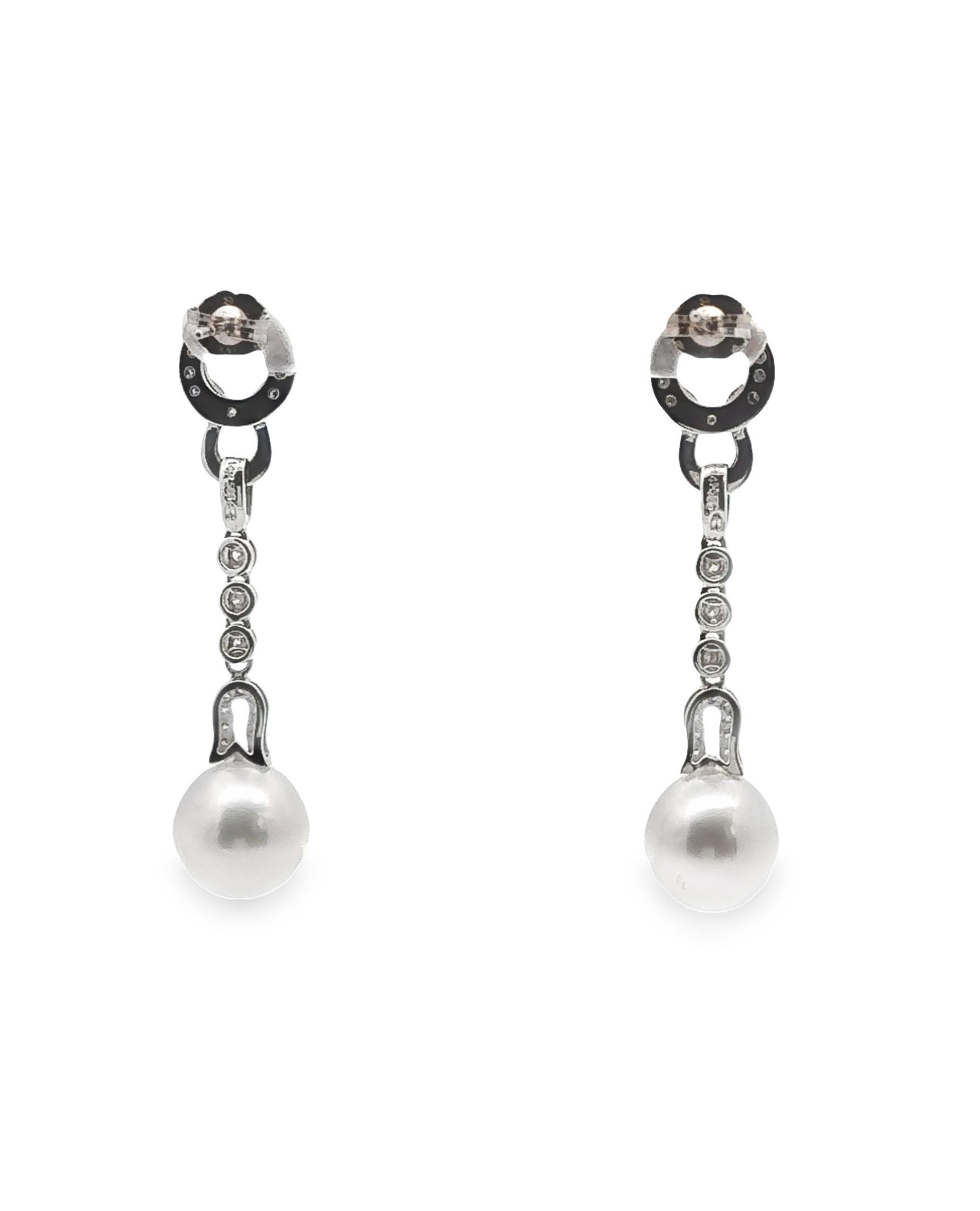 Women's 14K White Gold Long Earrings with South Sea Pearls and Diamonds For Sale