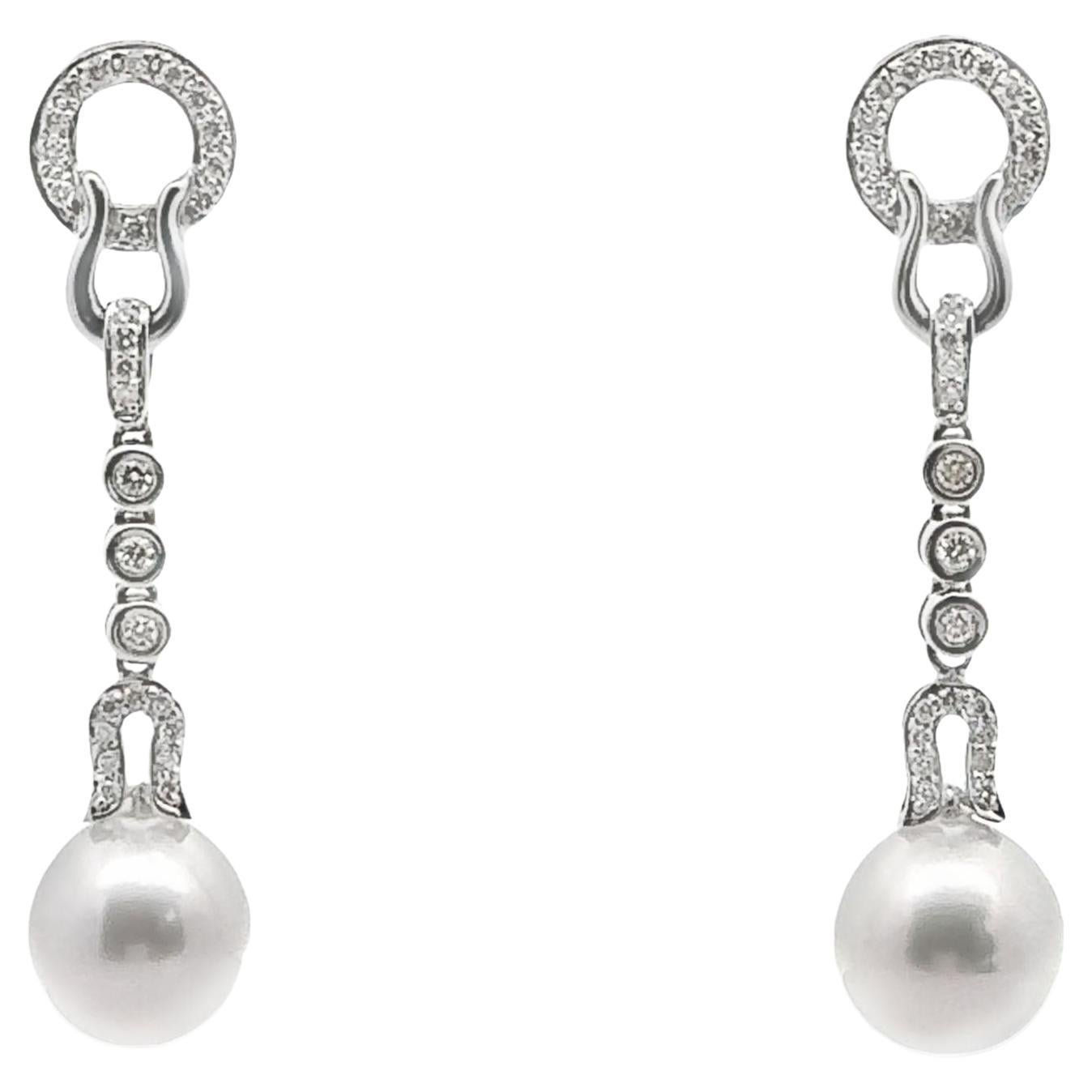 14K White Gold Long Earrings with South Sea Pearls and Diamonds For Sale