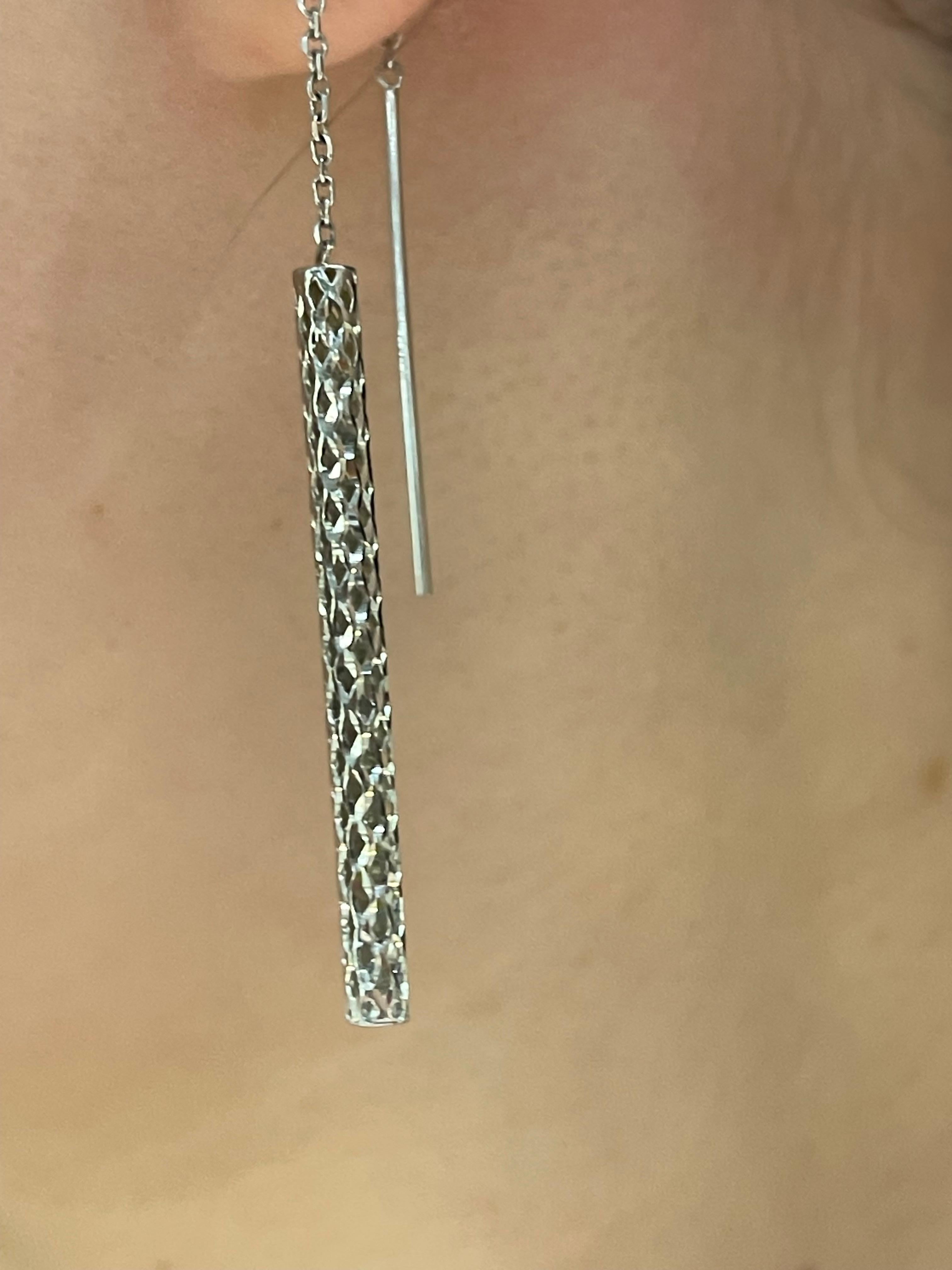 14K White Gold Long Tube Threader Earrings For Sale 1