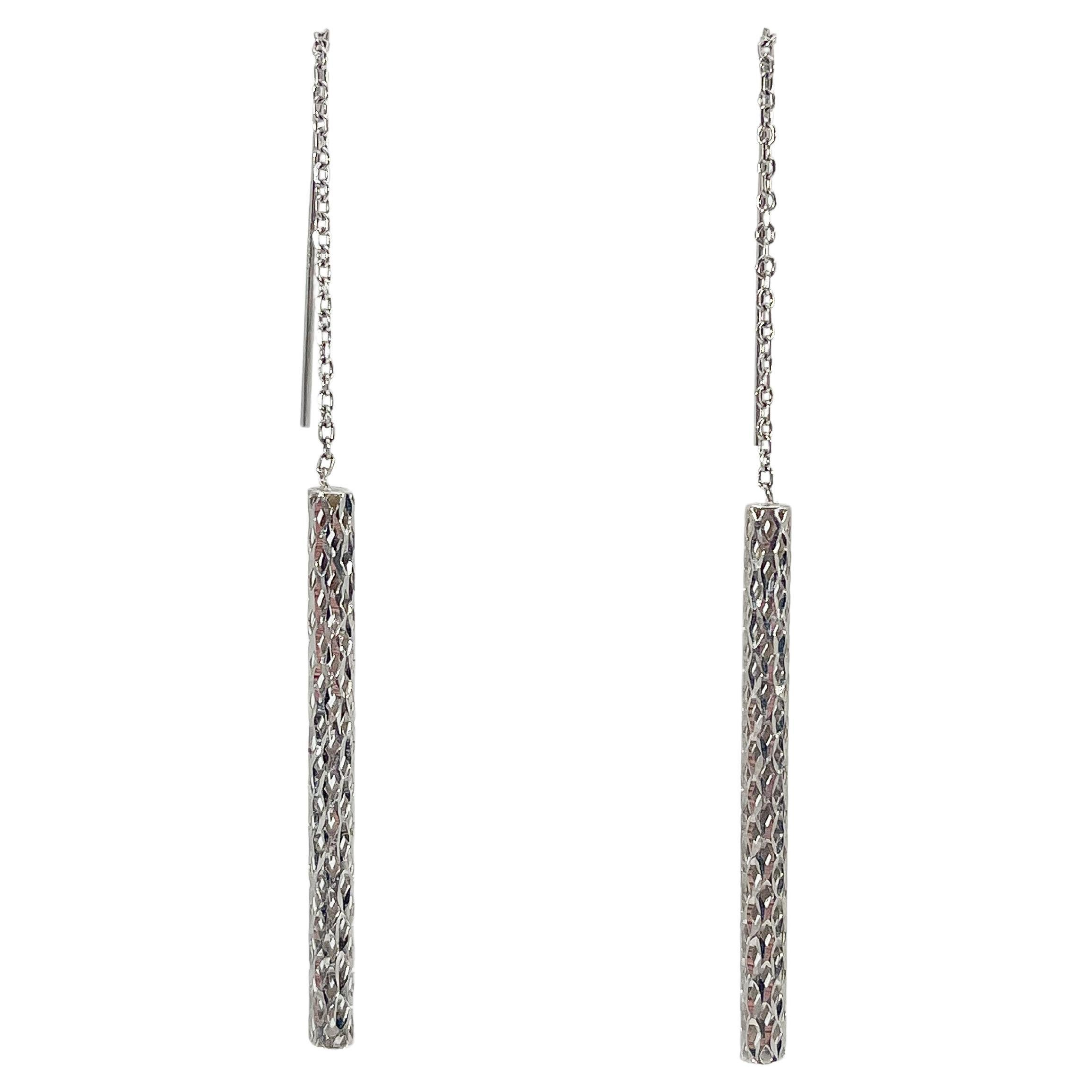 14K White Gold Long Tube Threader Earrings For Sale