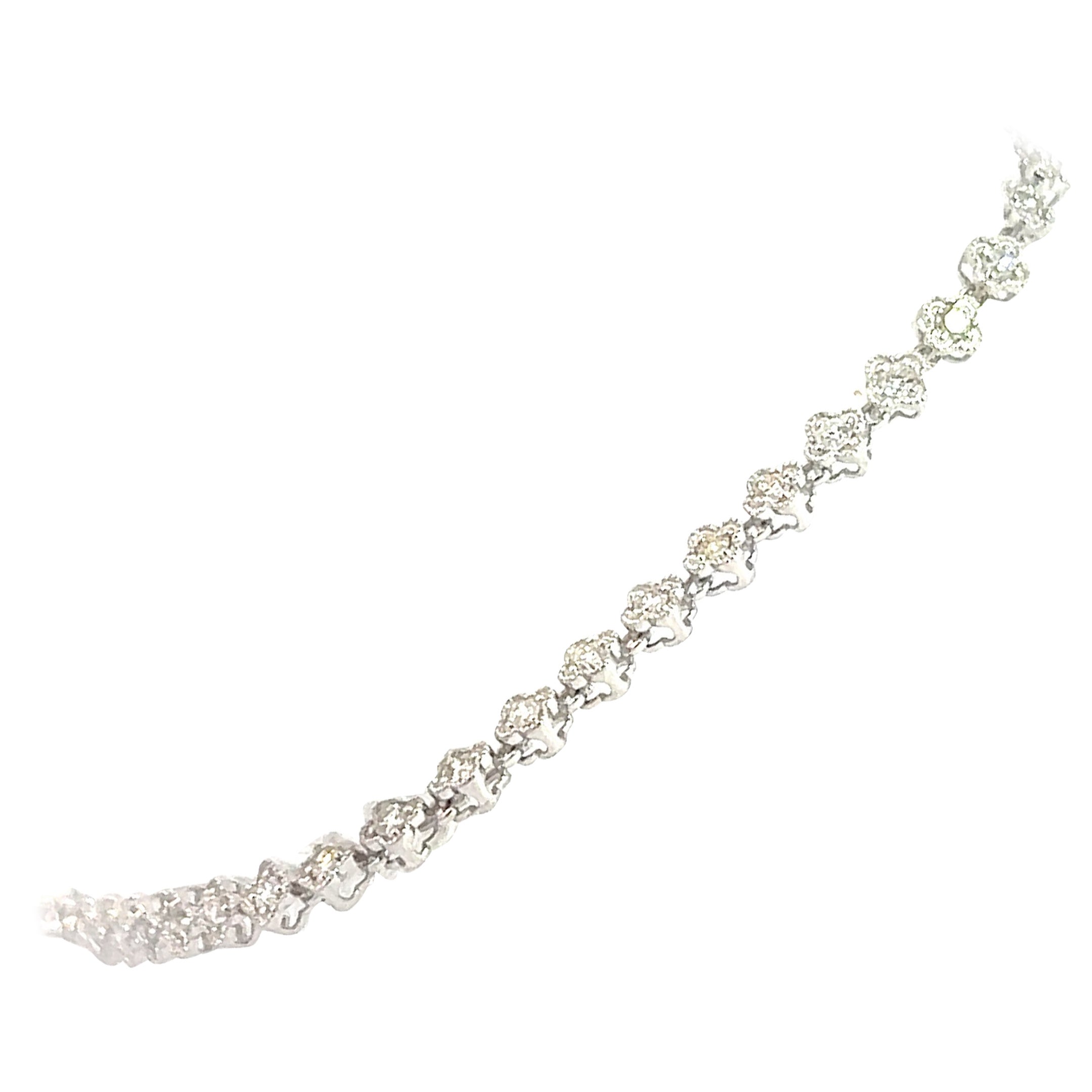 14k white gold lucky mini four leafs clover white .75 ct diamond bracelet For Sale