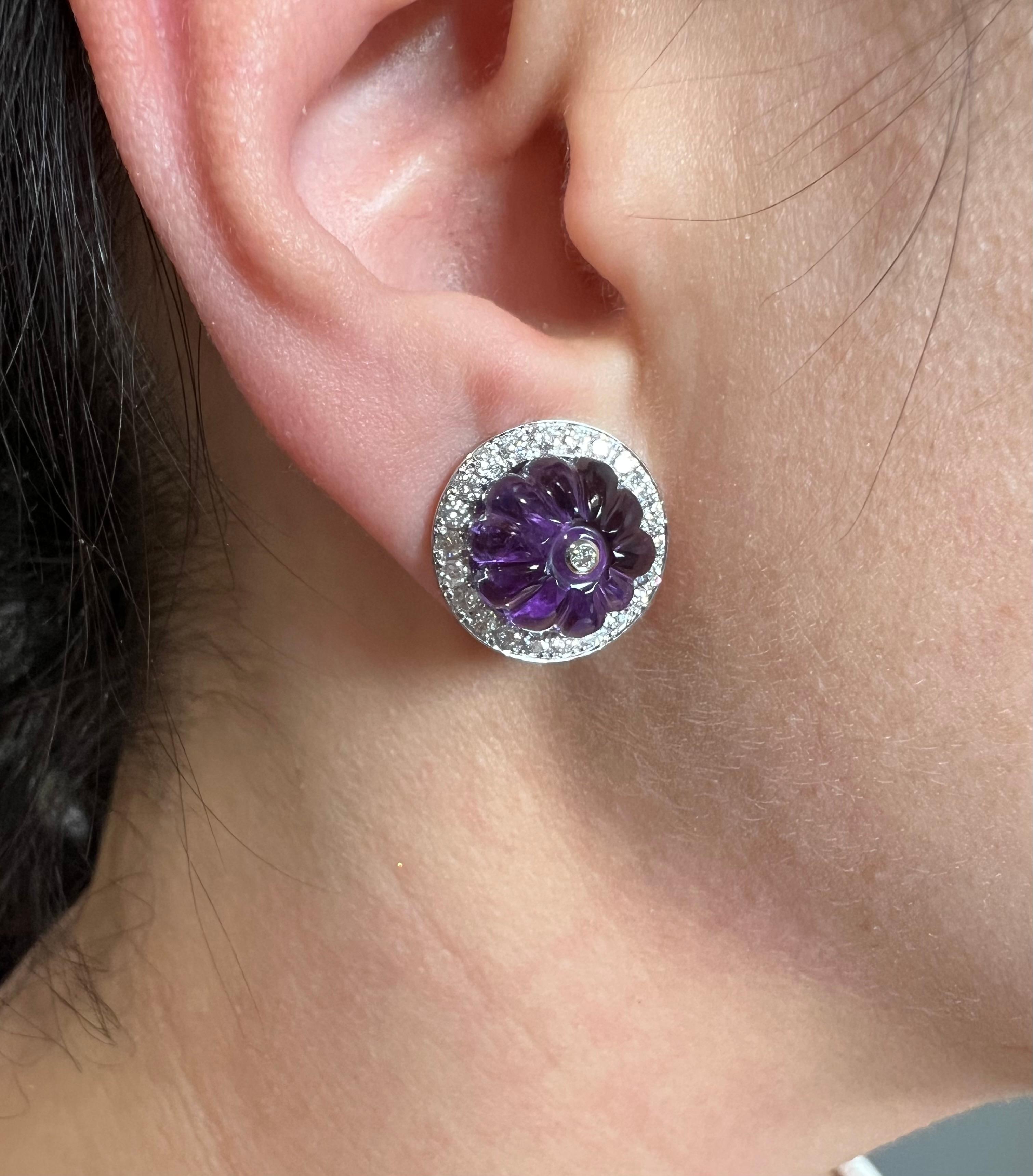 Round Cut 14K White Gold Lux Art Deco Lux Diamond & Carved Amethyst Earring For Sale