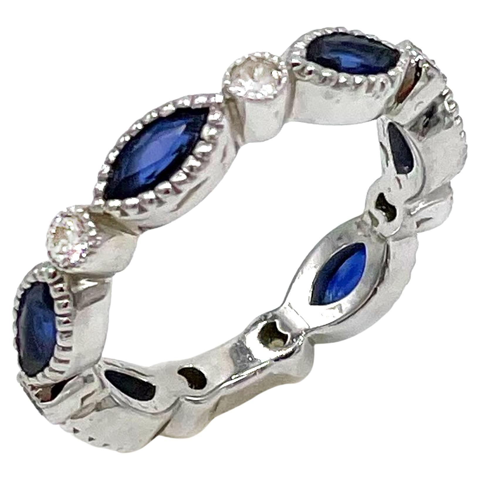 Marquis Shaped Sapphire and Diamond Eternity Ring in 14K White Gold